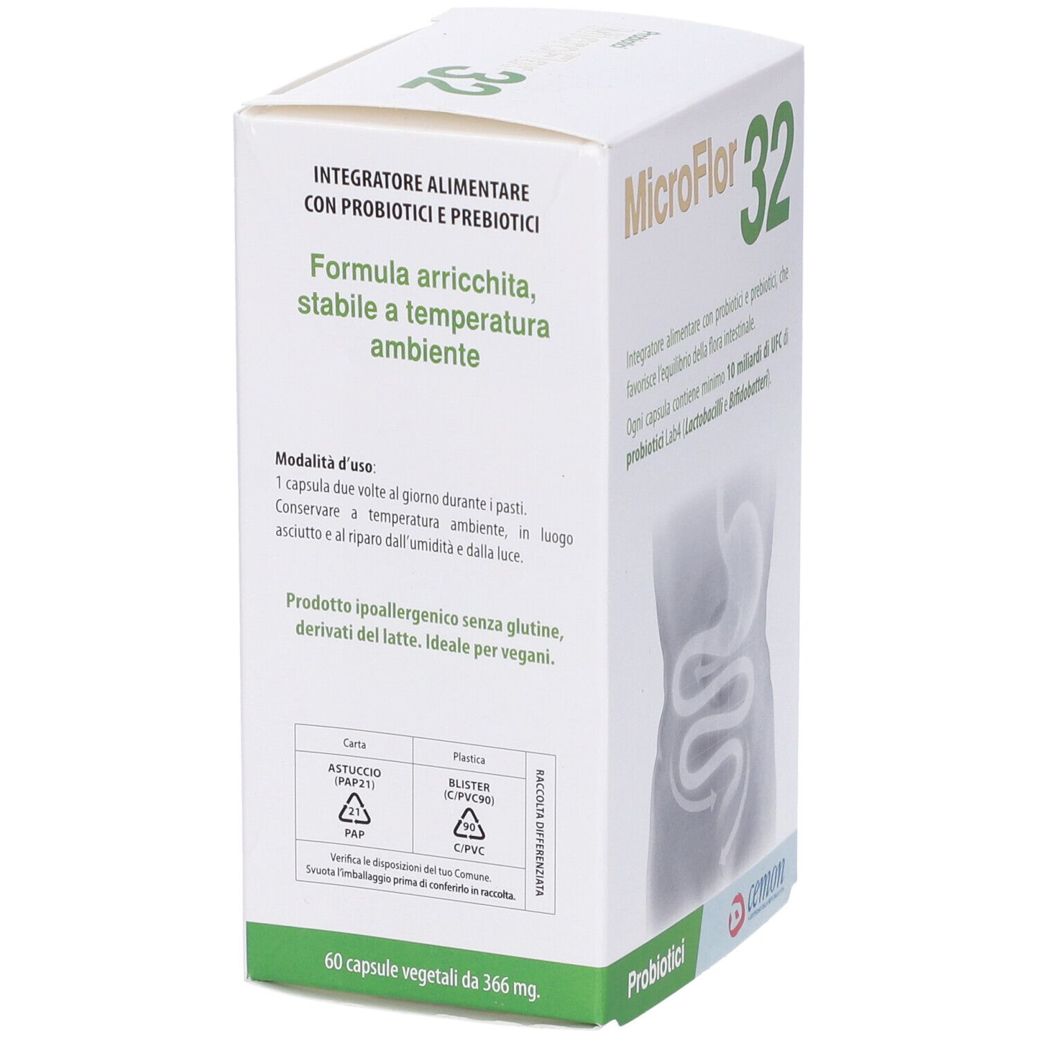 Scatola MicroFlor 32. Testo su ingredienti e uso.