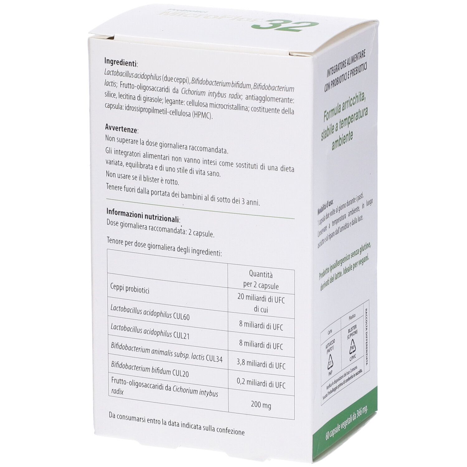 Retro della scatola MicroFlor 32. Elenco ingredienti e informazioni nutrizionali.
