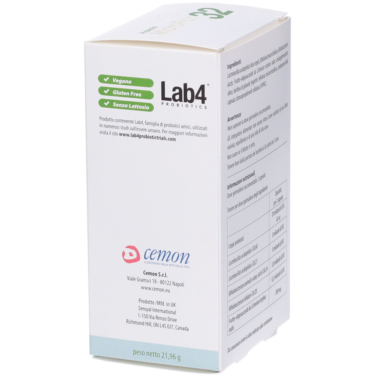 Lato della scatola MicroFlor 32. Loghi Vegan, Senza glutine, Senza lattosio. Contatti.