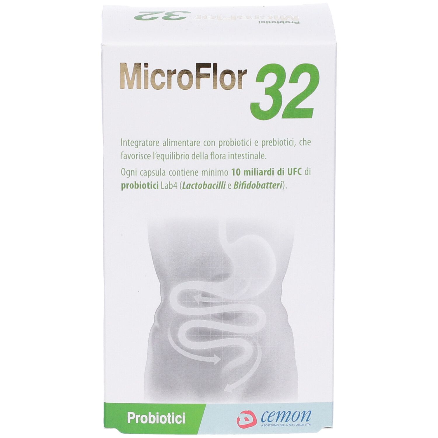 Scatola MicroFlor 32. Disegno dell'intestino. Logo Cemon.