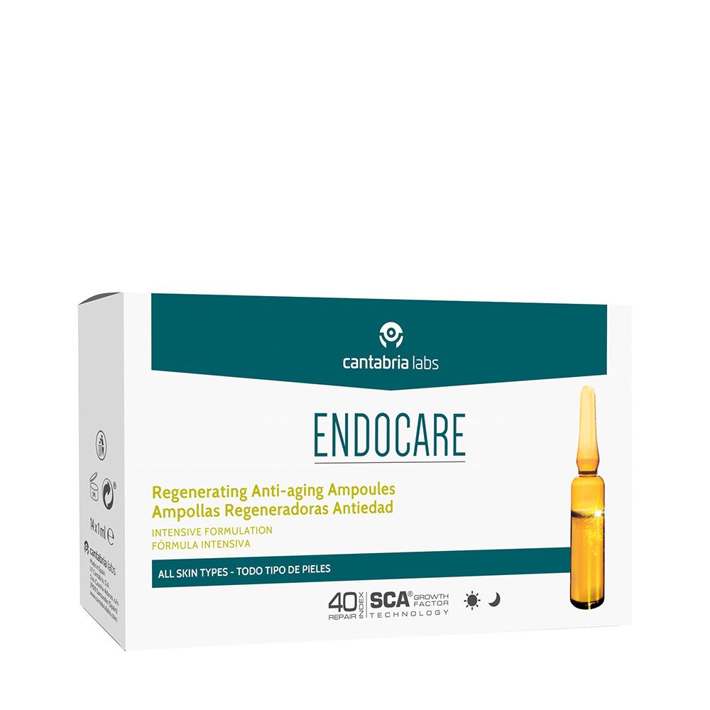 Scatola bianca con logo "ENDOCARE" e fiala. Testo: Fiale rigeneranti anti-età. Contiene 14 fiale.