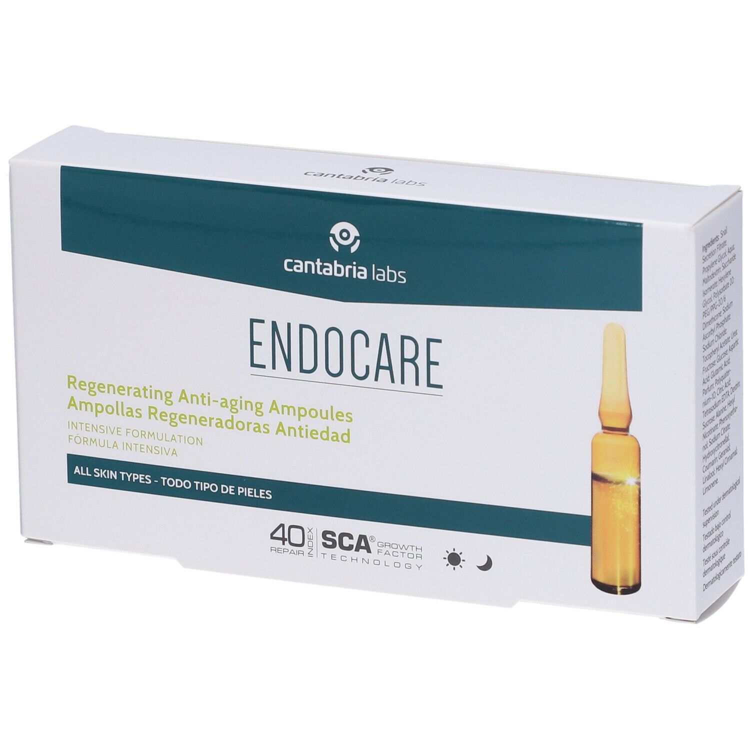 Scatola bianca con logo "ENDOCARE" e fiala. Testo: Fiale rigeneranti anti-età. Contiene 14 fiale.