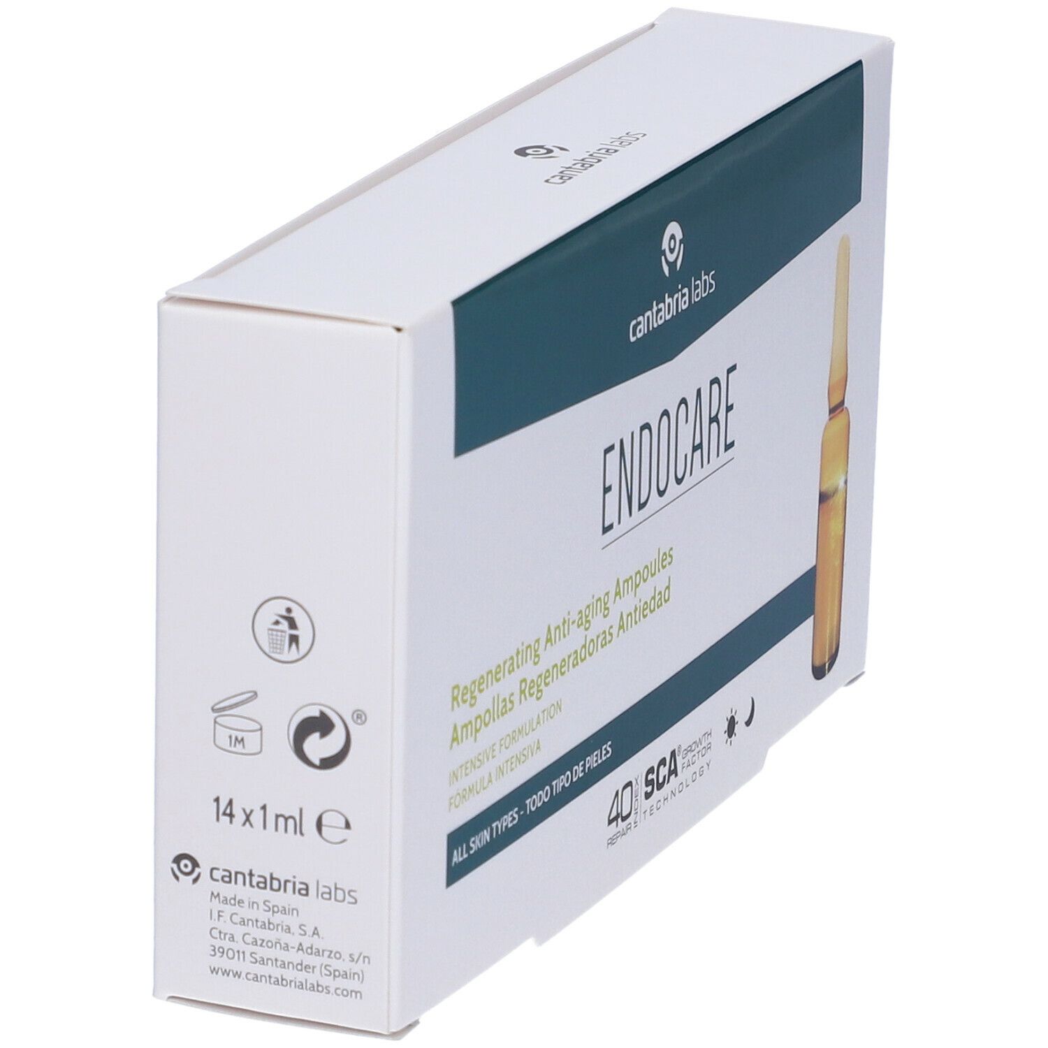 Scatola bianca con logo "ENDOCARE" e fiala. Testo: Fiale rigeneranti anti-età. Contiene 14 fiale.
