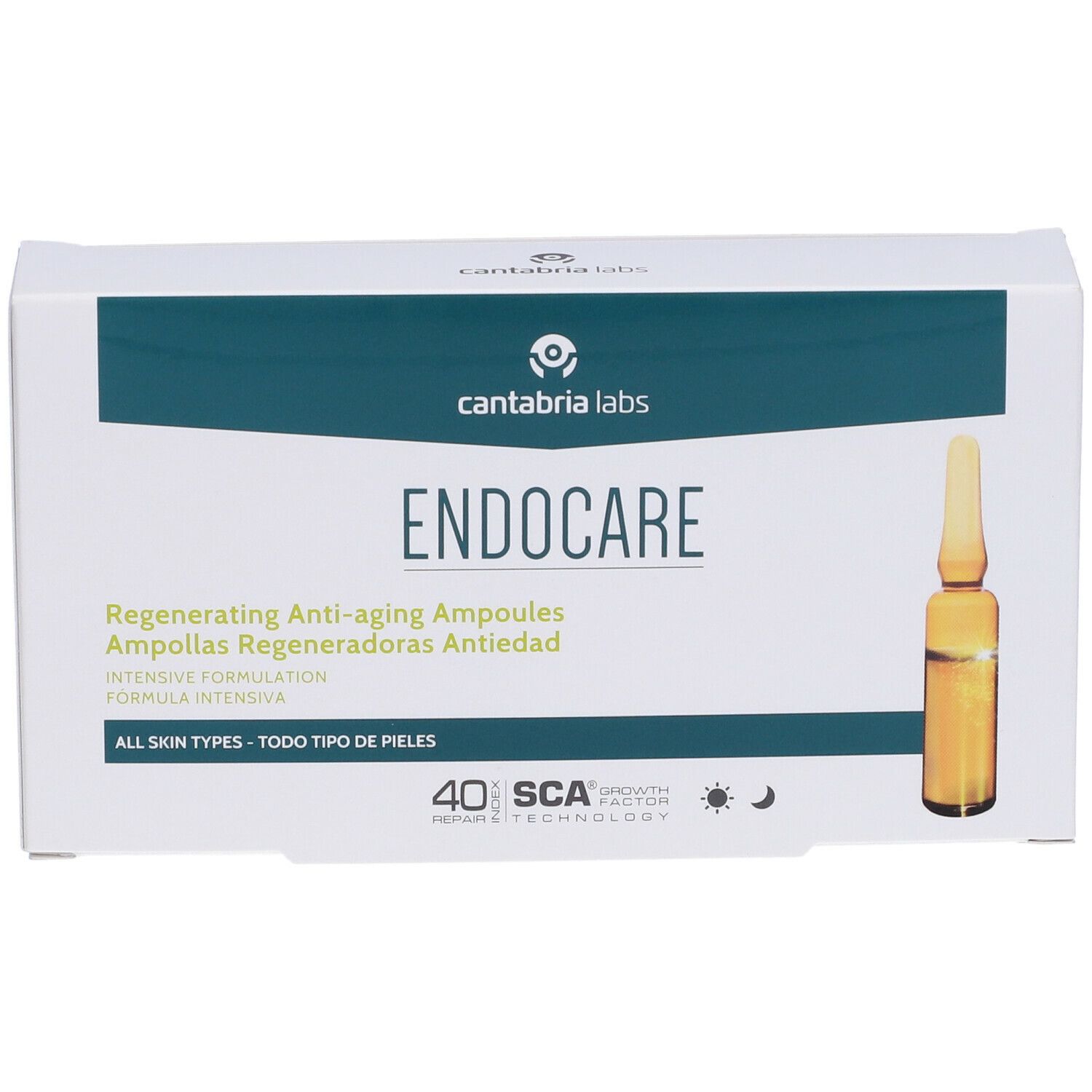 Scatola bianca con logo "ENDOCARE" e fiala. Testo: Fiale rigeneranti anti-età. Contiene 14 fiale.