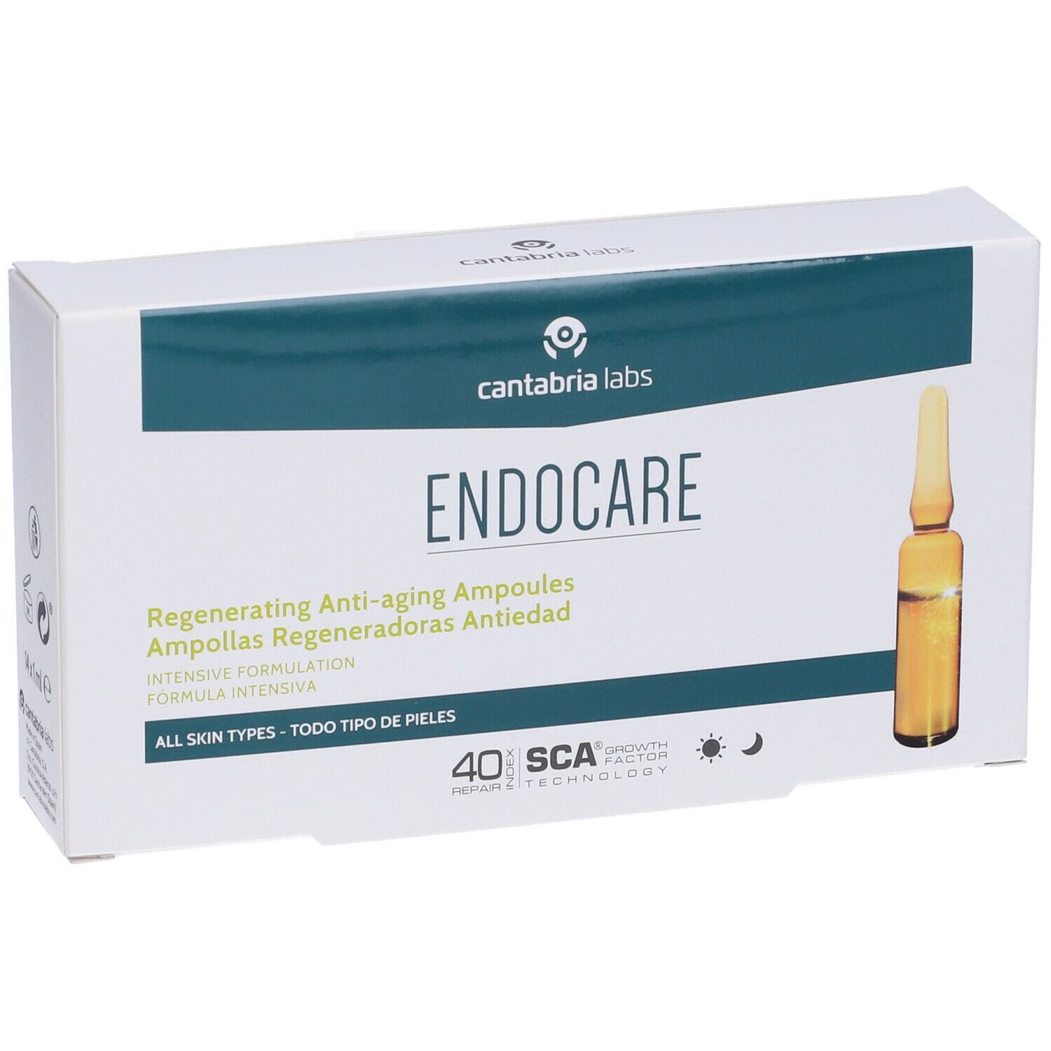Scatola bianca con logo "ENDOCARE" e fiala. Testo: Fiale rigeneranti anti-età. Contiene 14 fiale.