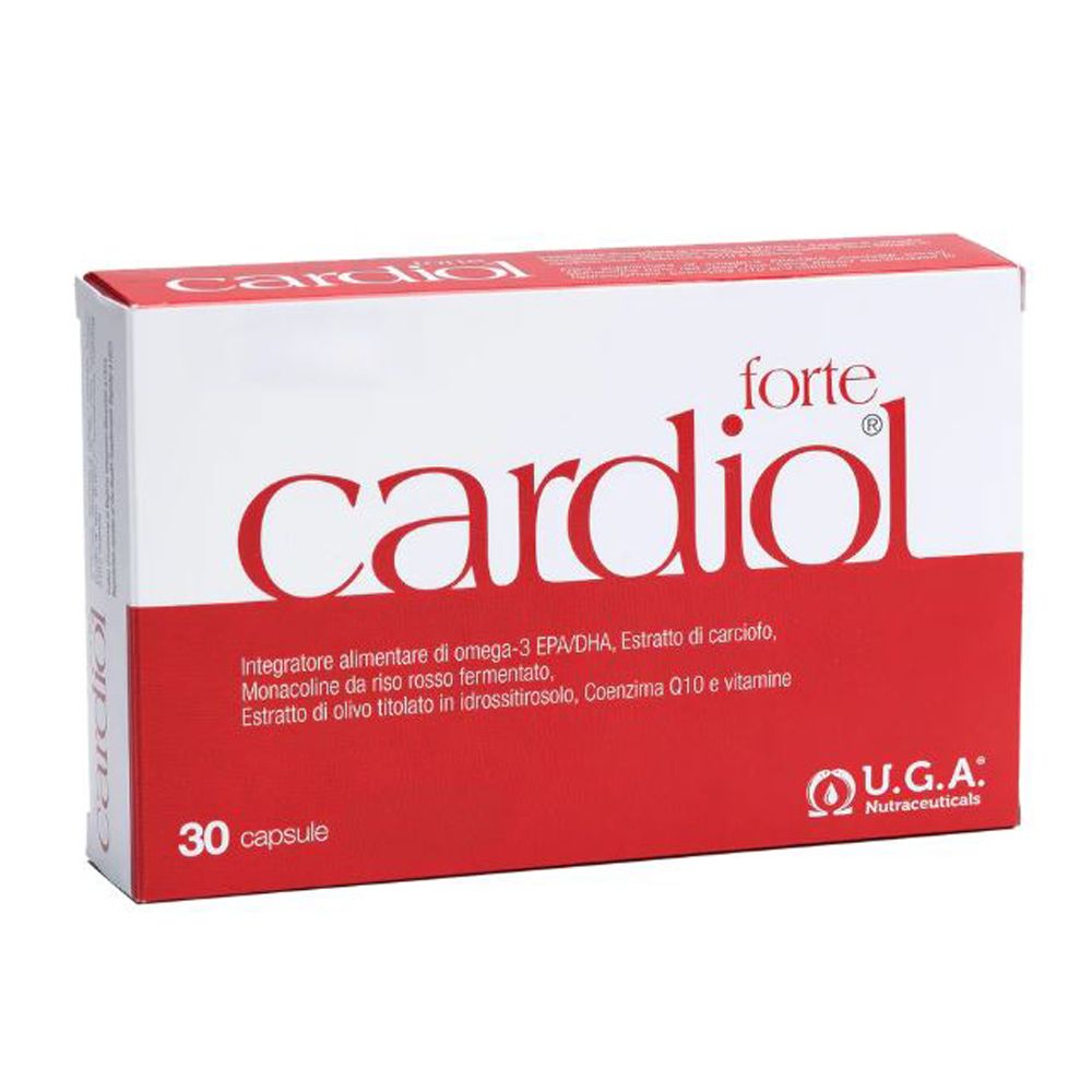 Confezione in cartone rossa e bianca. Scritta "cardiol forte". Contiene 30 capsule. Logo U.G.A. Nutraceuticals.