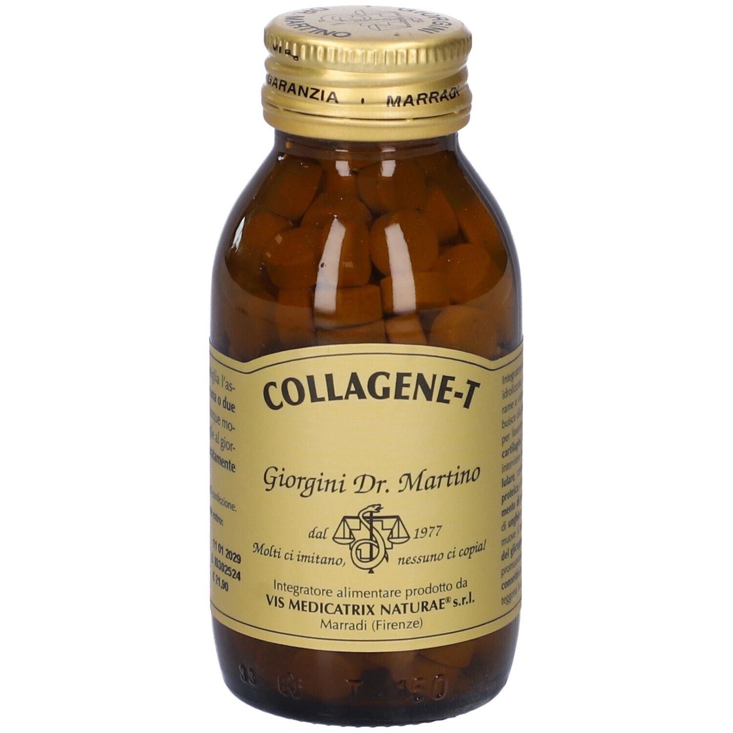 Flacone di vetro marrone con pastiglie. Scritta: Collagene-T, Giorgini Dr. Martino. Tappo dorato.