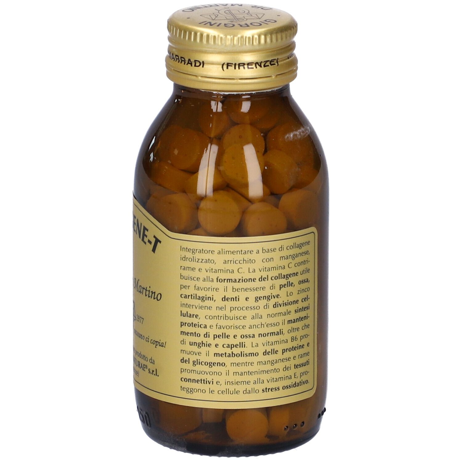 Flacone di vetro marrone con pastiglie. Scritta: Collagene-T, Giorgini Dr. Martino. Vista laterale con testo.