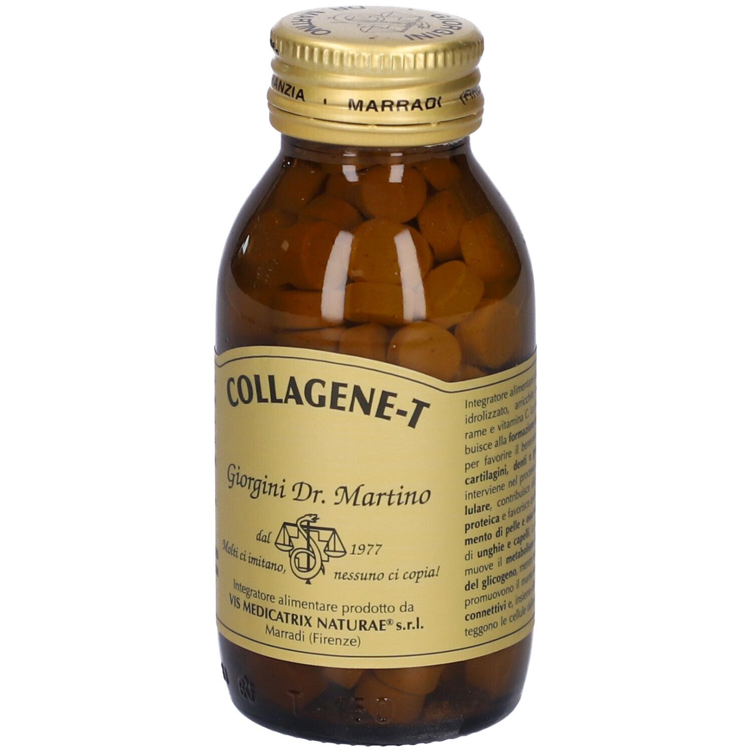 Flacone di vetro marrone con pastiglie. Scritta: Collagene-T, Giorgini Dr. Martino. Tappo dorato.