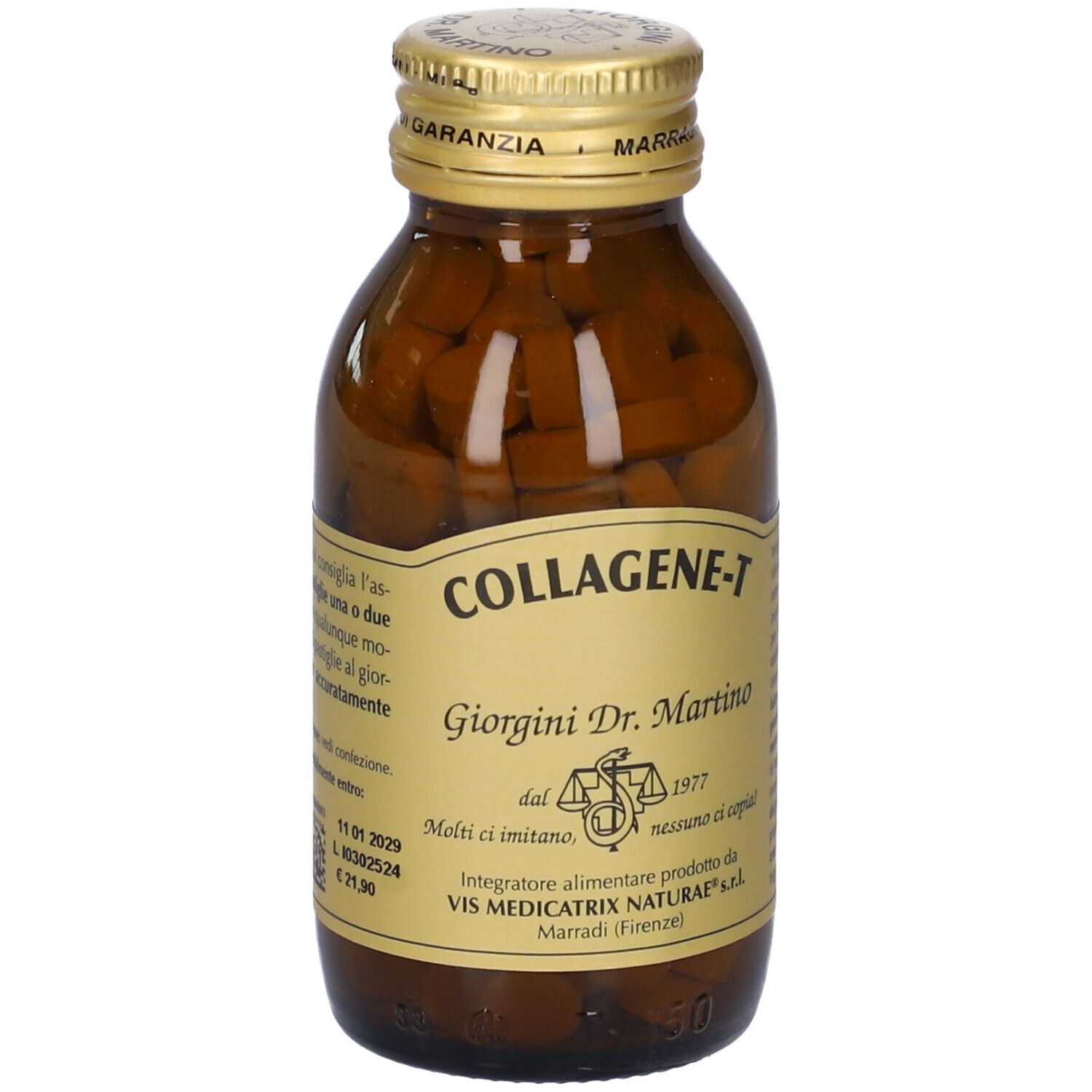 Flacone di vetro marrone con pastiglie. Scritta: Collagene-T, Giorgini Dr. Martino. Tappo dorato.
