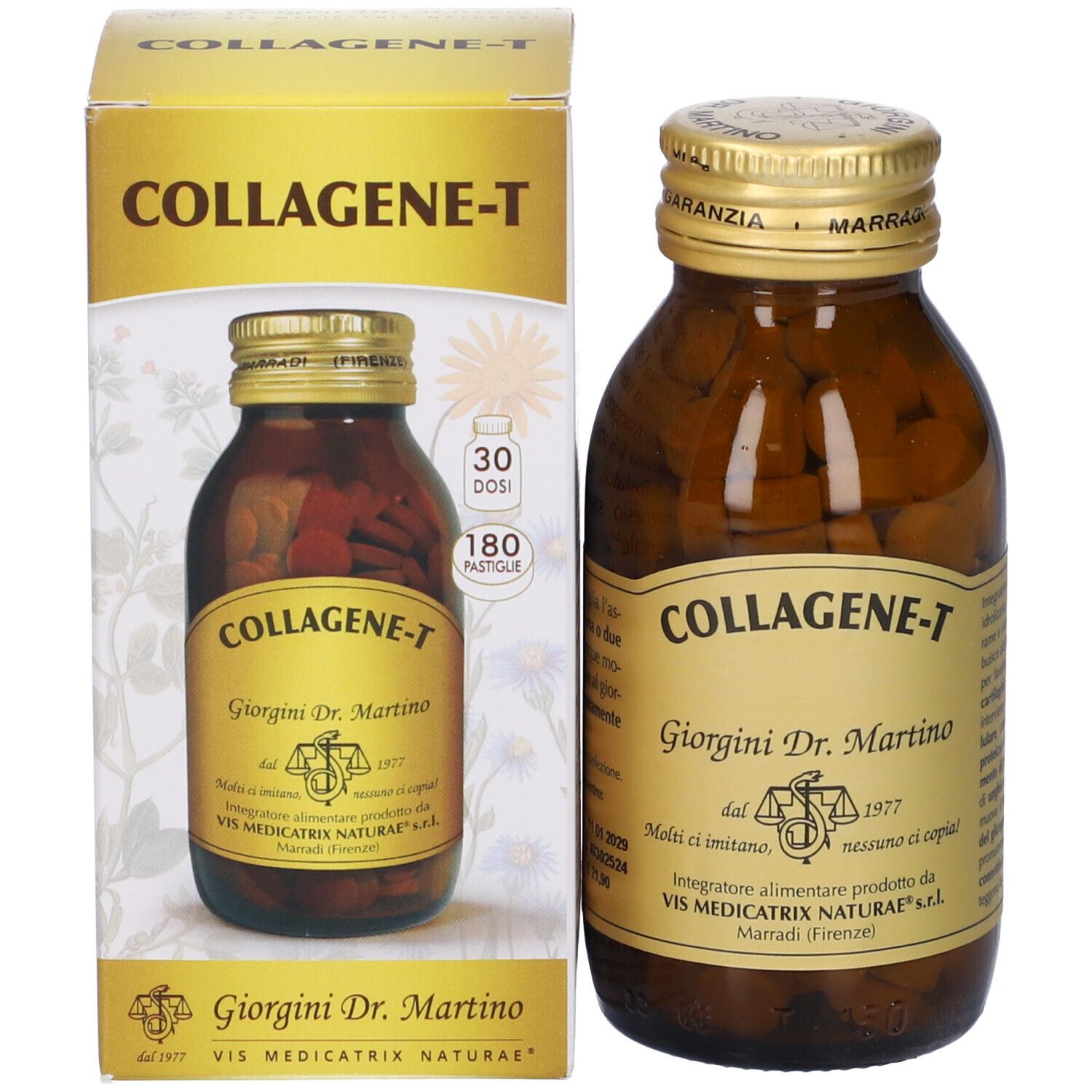 Confezione del prodotto con flacone e scatola. Scritta: Collagene-T, Giorgini Dr. Martino. 30 dosi, 180 pastiglie.