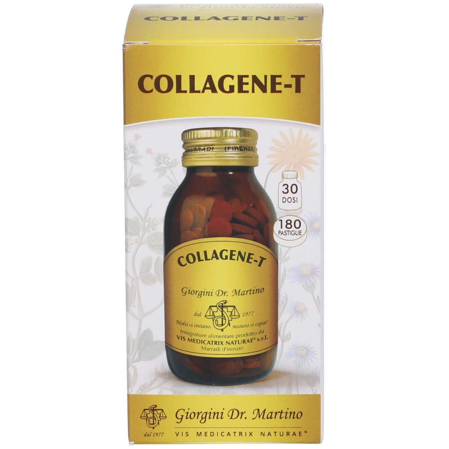 Confezione del prodotto con scatola. Scritta: Collagene-T, Giorgini Dr. Martino. 30 dosi, 180 pastiglie.