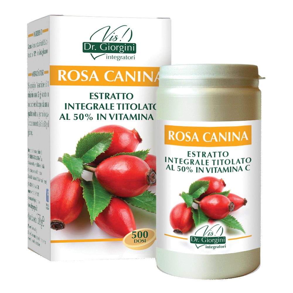 Estratto di Rosa Canina, scatola e flacone. Scritta: Estratto, 50% vitamina C. Illustrazione di cinorrodi.
