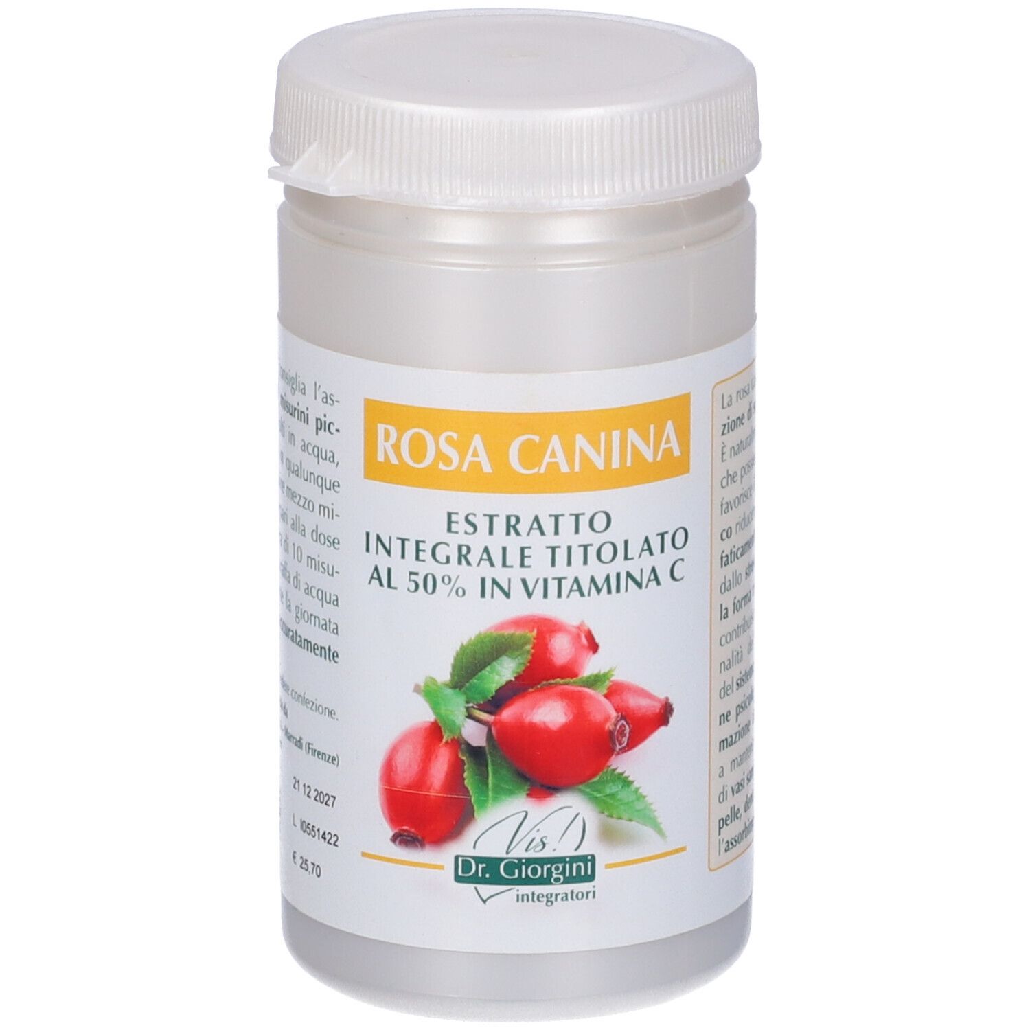 Estratto di Rosa Canina in flacone. Scritta: Estratto, 50% vitamina C. Illustrazione di cinorrodi. Coperchio bianco.