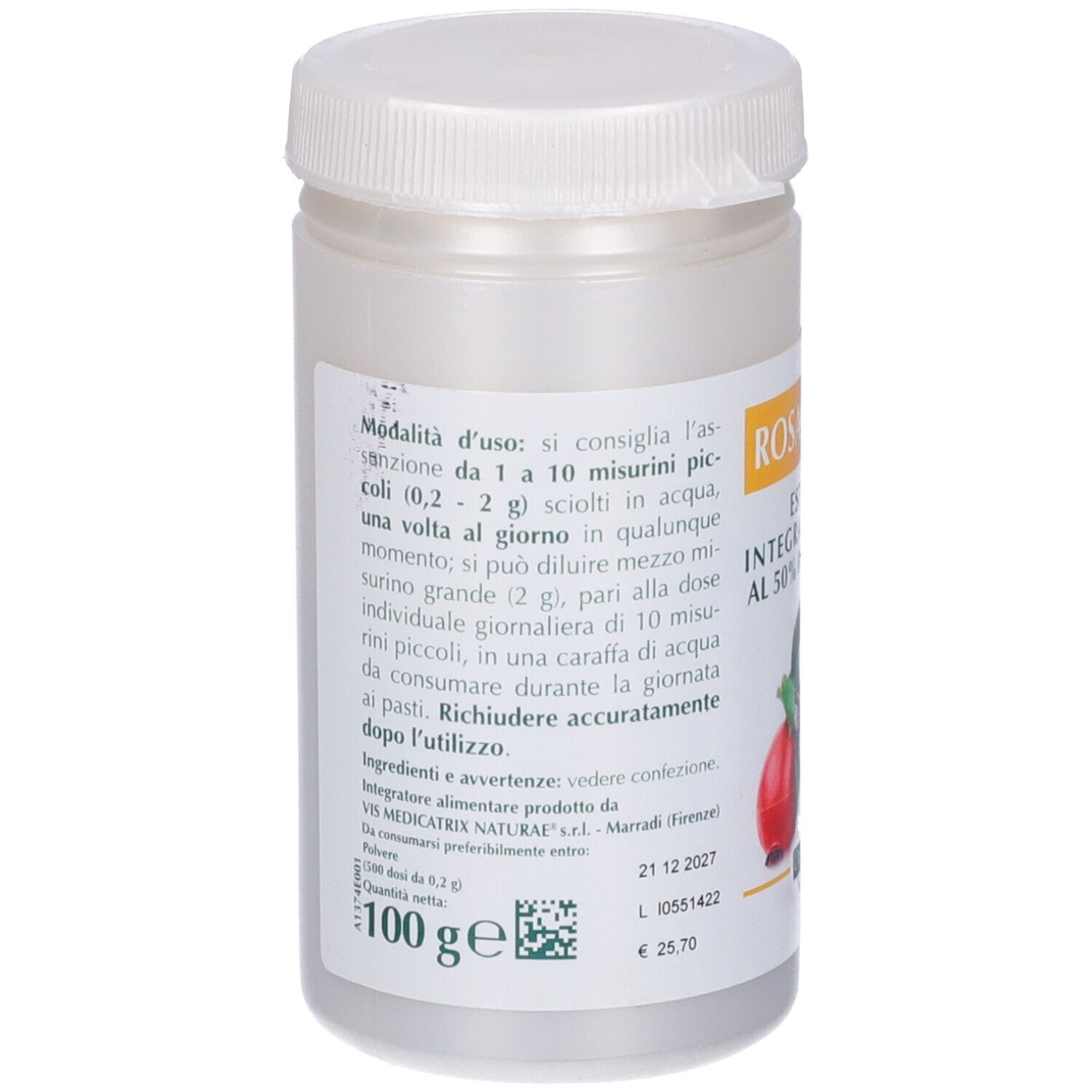 Estratto di Rosa Canina in flacone. Scritta: Estratto, 50% vitamina C. Retro con testo. Coperchio bianco.