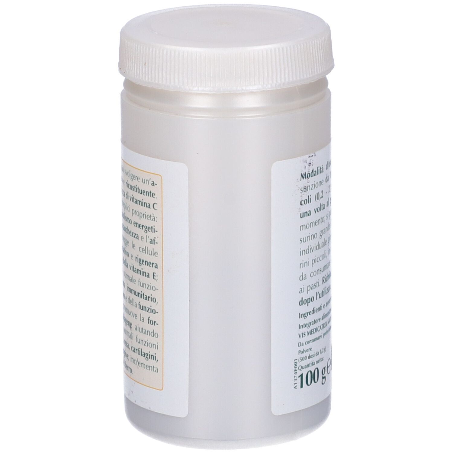 Estratto di Rosa Canina in flacone. Scritta: Estratto, 50% vitamina C. Retro con testo. Coperchio bianco.