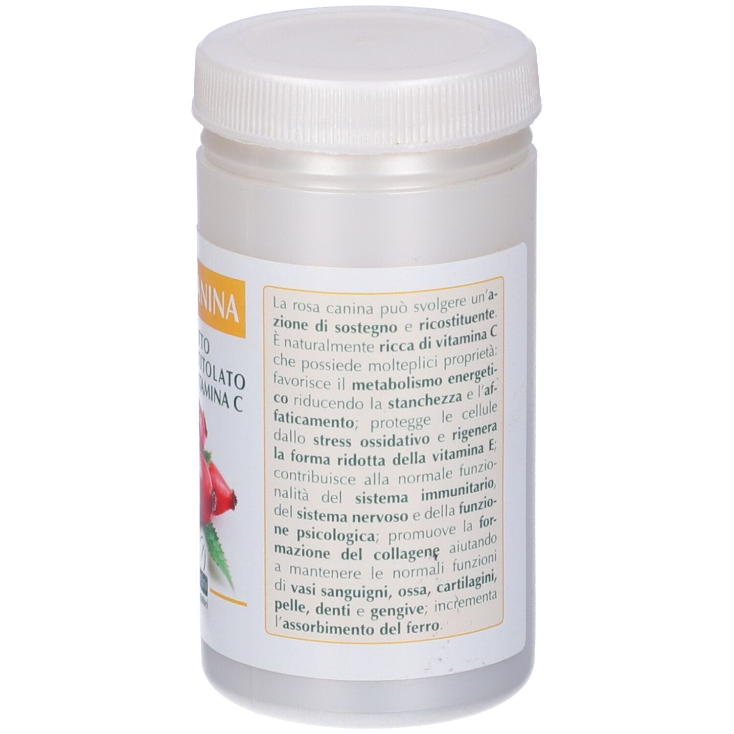 Estratto di Rosa Canina in flacone. Scritta: Estratto, 50% vitamina C. Retro con testo. Coperchio bianco.