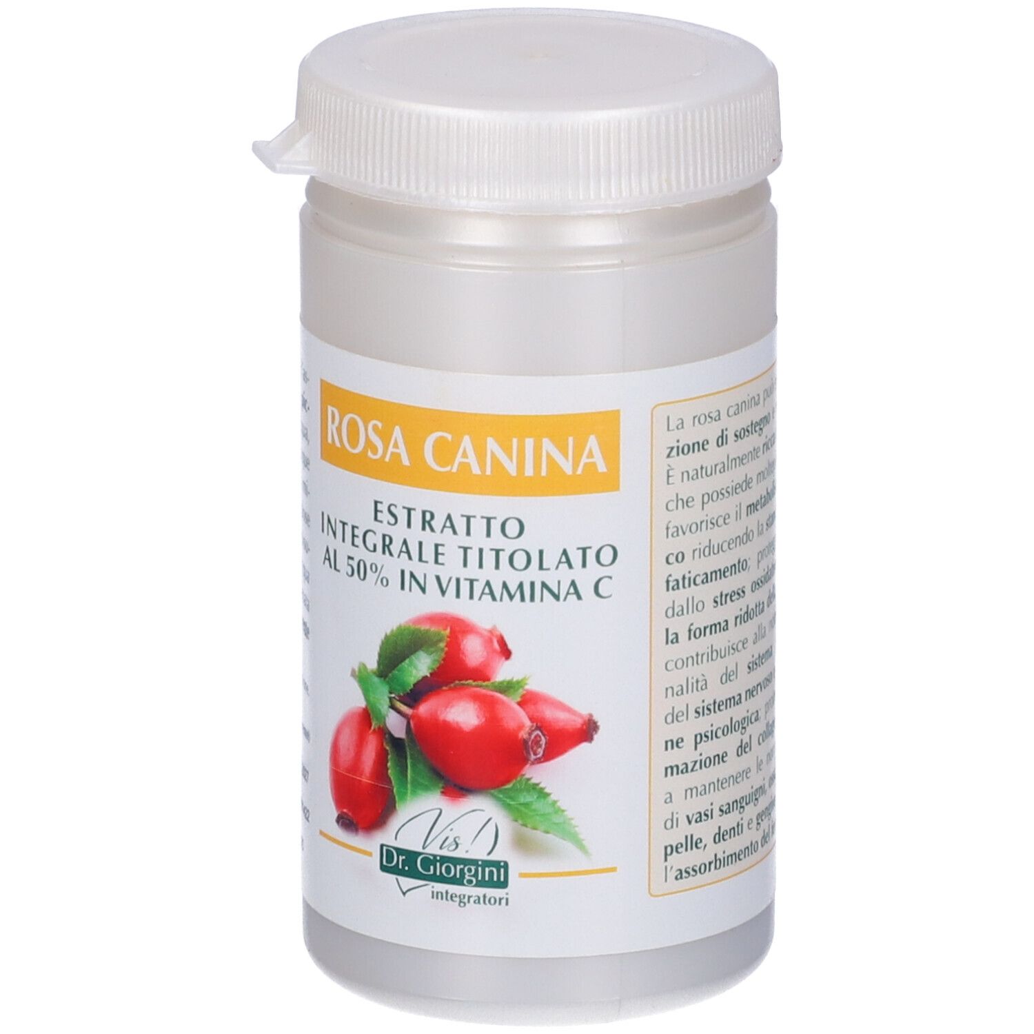 Estratto di Rosa Canina in flacone. Scritta: Estratto, 50% vitamina C. Retro con testo. Coperchio bianco.