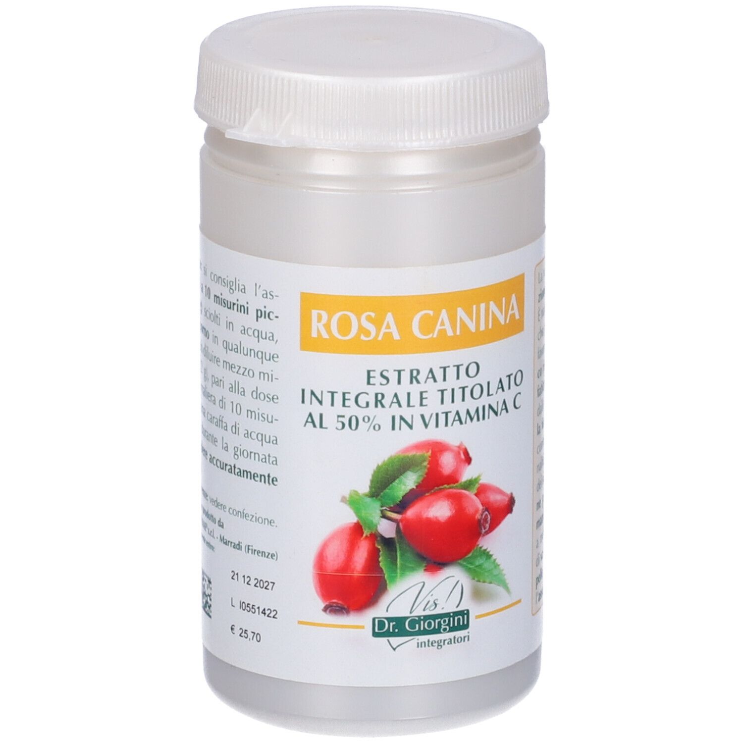 Estratto di Rosa Canina in flacone. Scritta: Estratto, 50% vitamina C. Retro con testo. Coperchio bianco.