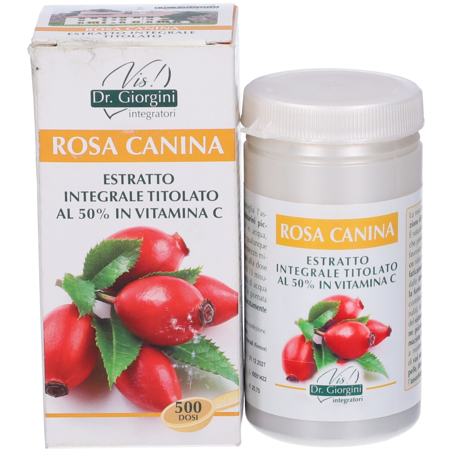 Estratto di Rosa Canina, scatola e flacone. Scritta: Estratto, 50% vitamina C. Illustrazione di cinorrodi.