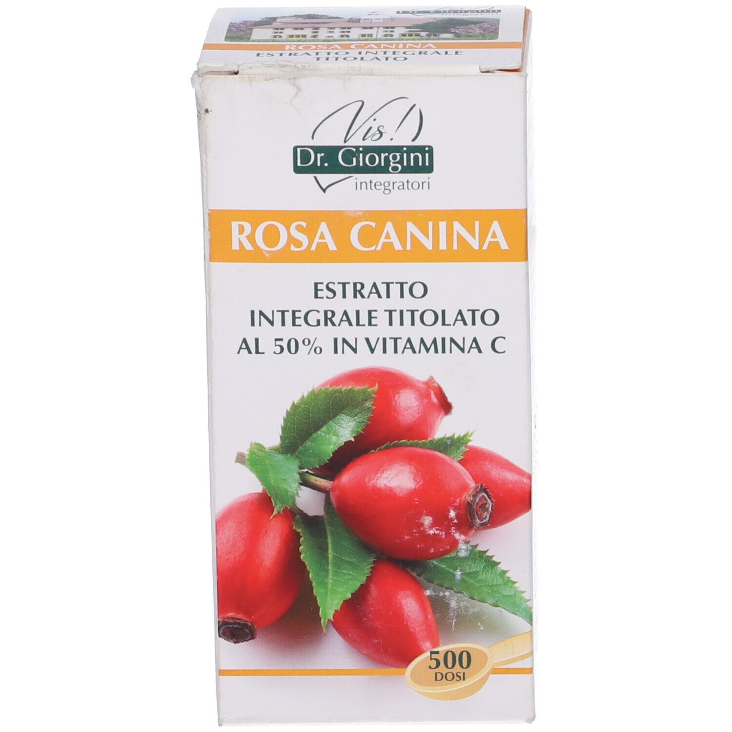 Estratto di Rosa Canina, scatola. Scritta: Estratto, 50% vitamina C. Illustrazione di cinorrodi. 500 dosi.