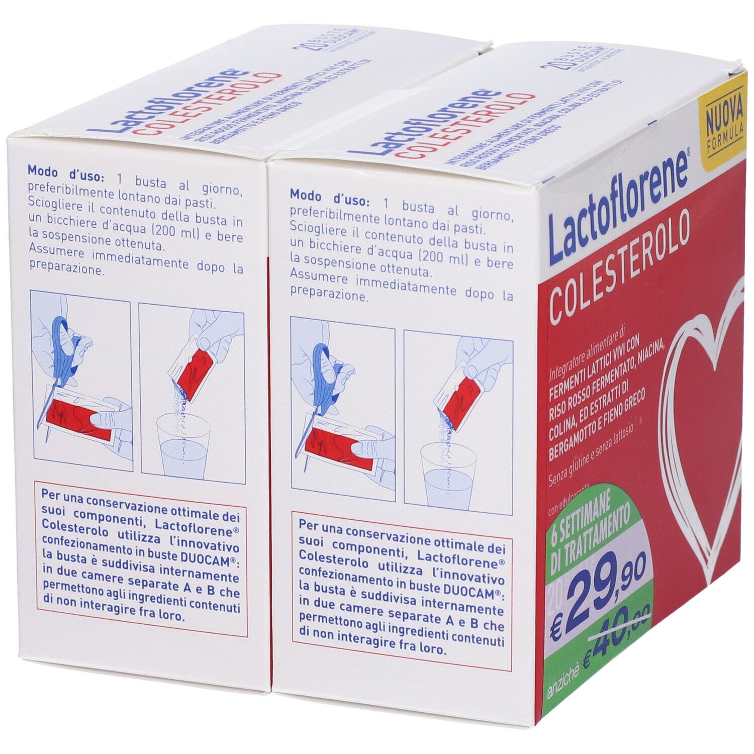Due confezioni di Lactoflorene® Colesterolo. Istruzioni di preparazione stampate. Tecnologia DuoCam.