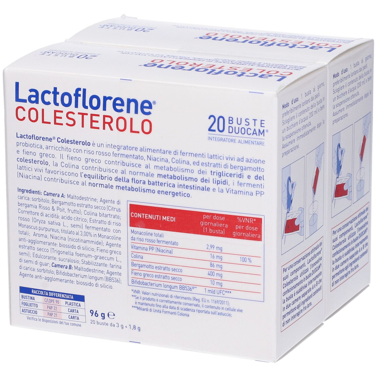 Confezione Lactoflorene® Colesterolo. Contiene 20 bustine. Informazioni e tabella nutrizionale. Tecnologia DuoCam.