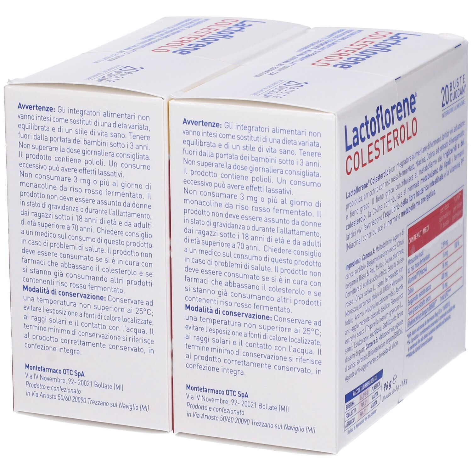 Due confezioni Lactoflorene® Colesterolo. Avvertenze e informazioni d'uso. Retro.