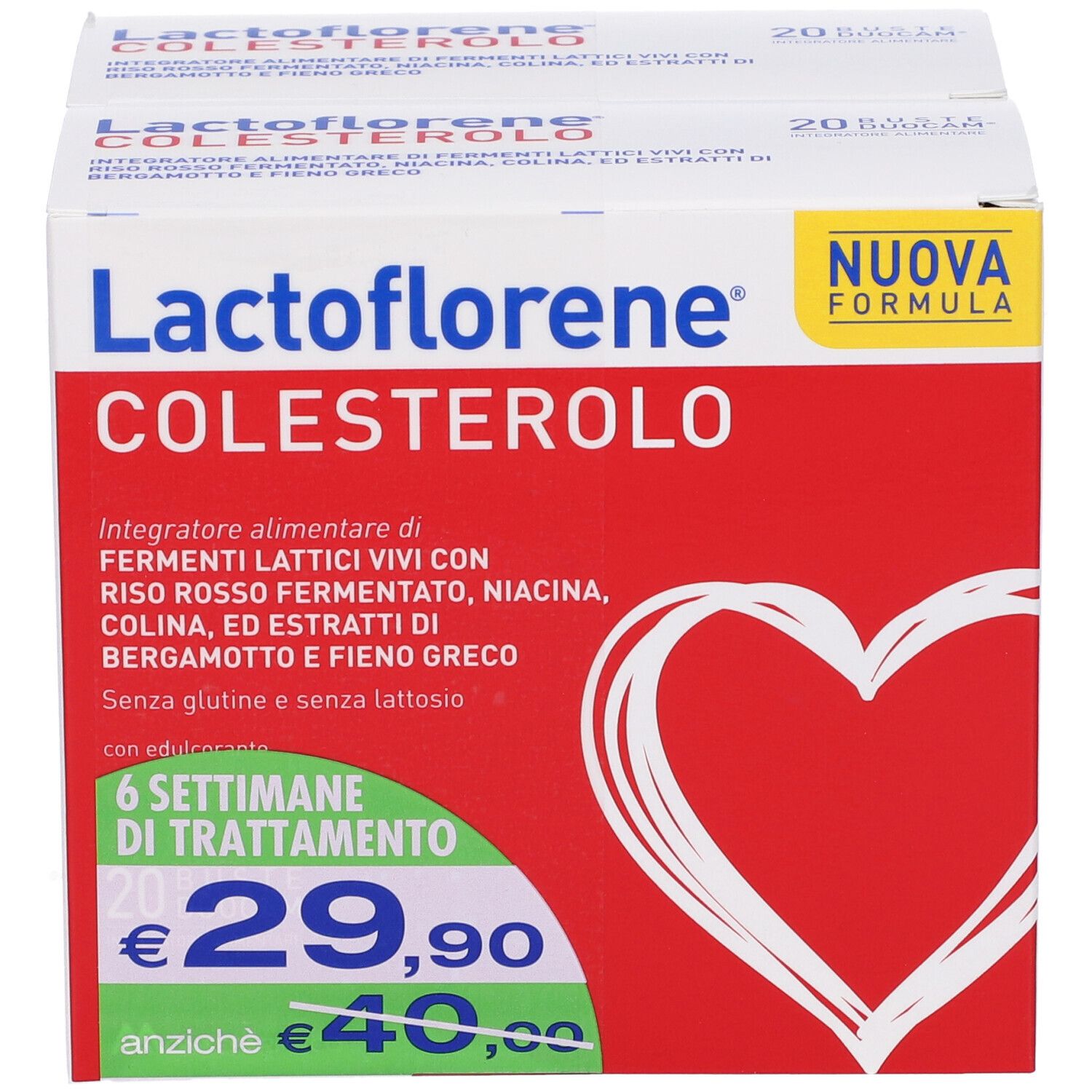 Confezione Lactoflorene® Colesterolo. Sfondo rosso con cuore bianco. Informazioni e prezzo.
