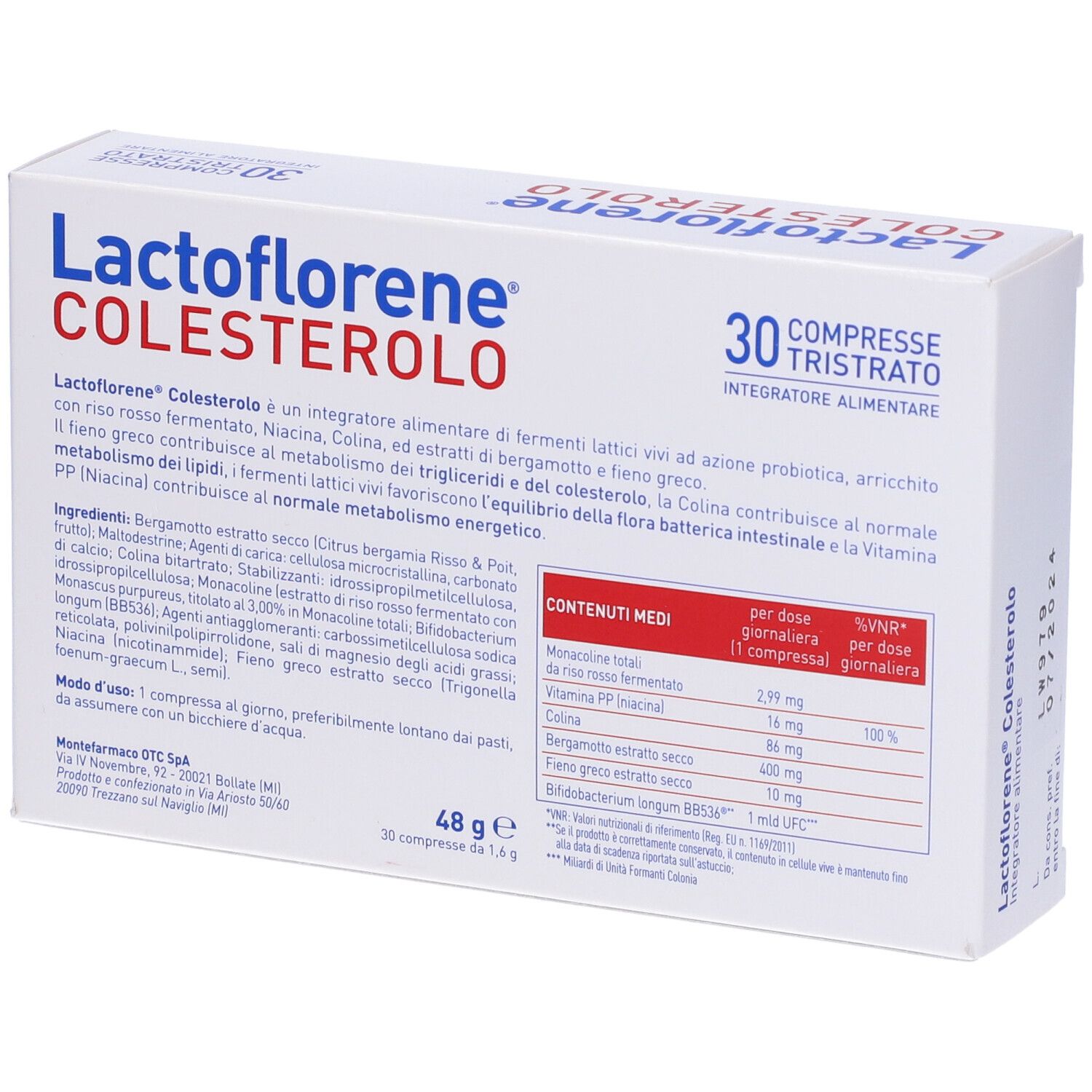 Rückseite der Lactoflorene® Colesterolo-Verpackung. Enthält Informationen zu Inhaltsstoffen und Nährwerten. 30 Tabletten.