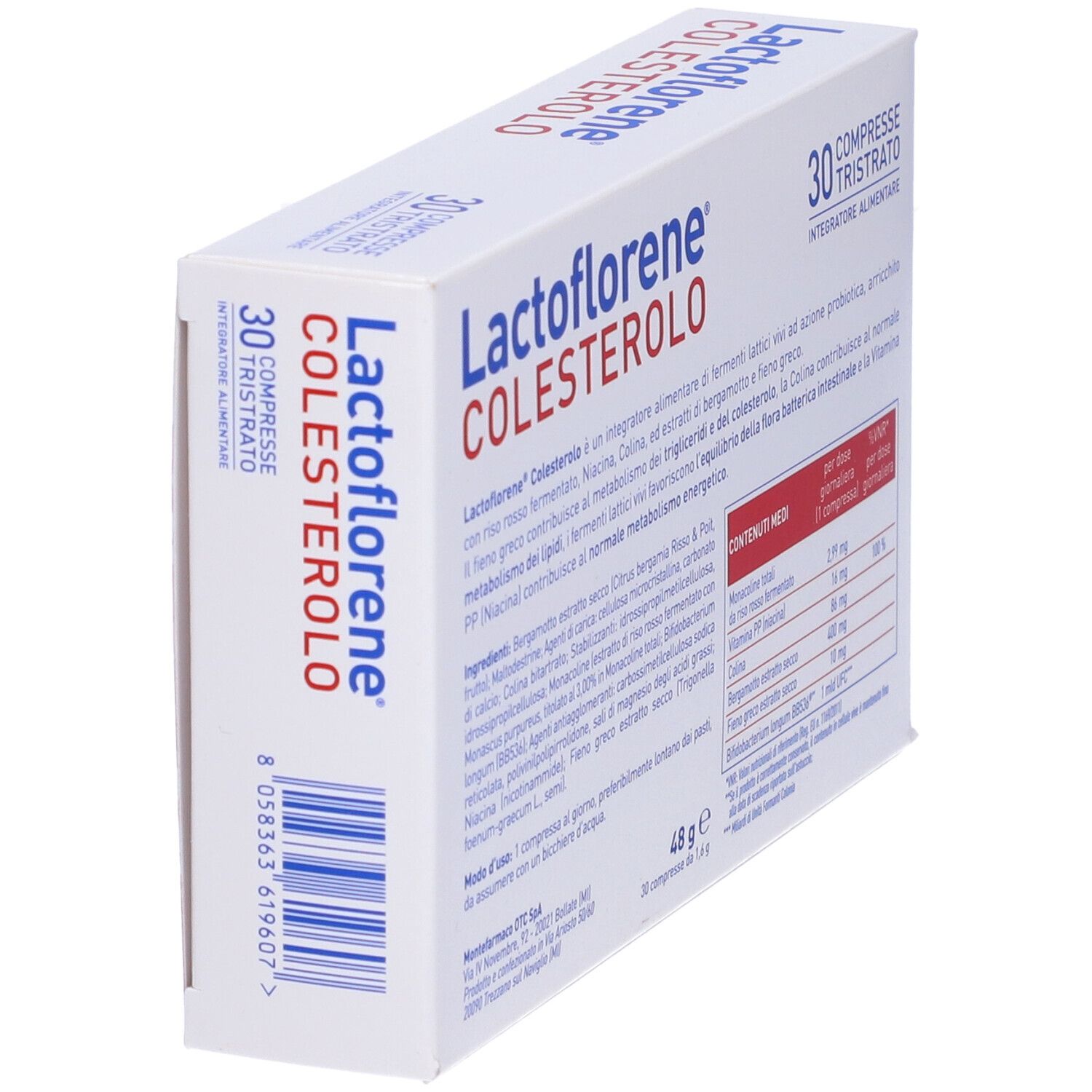 Lactoflorene® Colesterolo-Verpackung. Weiße Schachtel mit Produktinformationen. Enthält 30 Tabletten. Eckansicht.