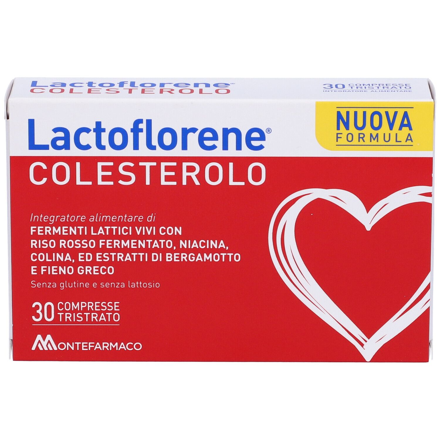Lactoflorene® Colesterolo-Verpackung. Rote und weiße Schachtel mit Produktnamen und Herz-Design. 30 Tabletten.