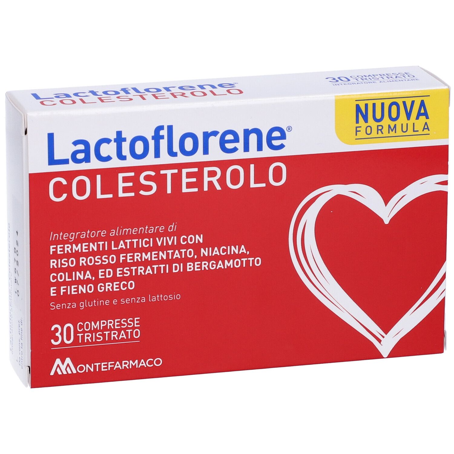 Lactoflorene® Colesterolo-Verpackung. Rote und weiße Schachtel mit Produktnamen und Herz-Design. 30 Tabletten.