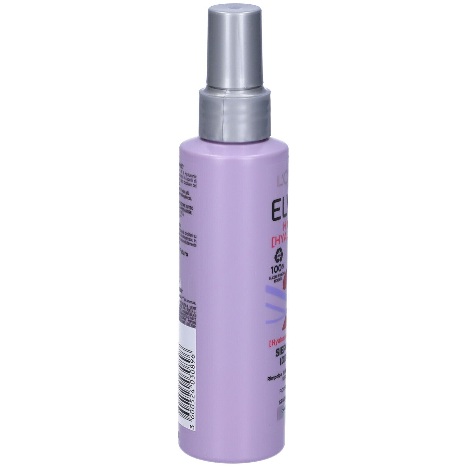 Flacone lilla con vaporizzatore. Testo e codice a barre sul lato. Prodotto: ELVIVE HYDRA [HYALURONIC].