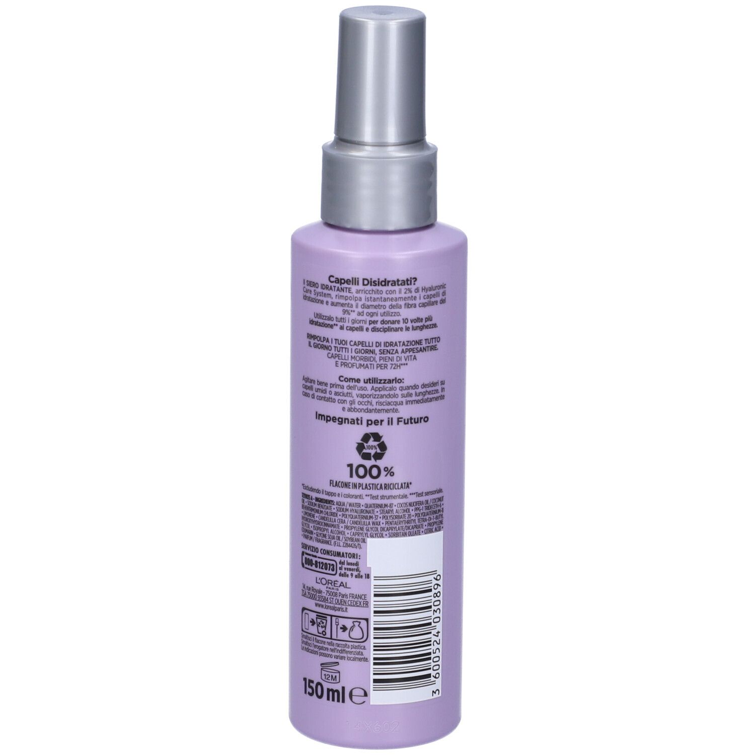 Flacone lilla con vaporizzatore. Retro con testo e codice a barre. Prodotto: ELVIVE HYDRA [HYALURONIC].