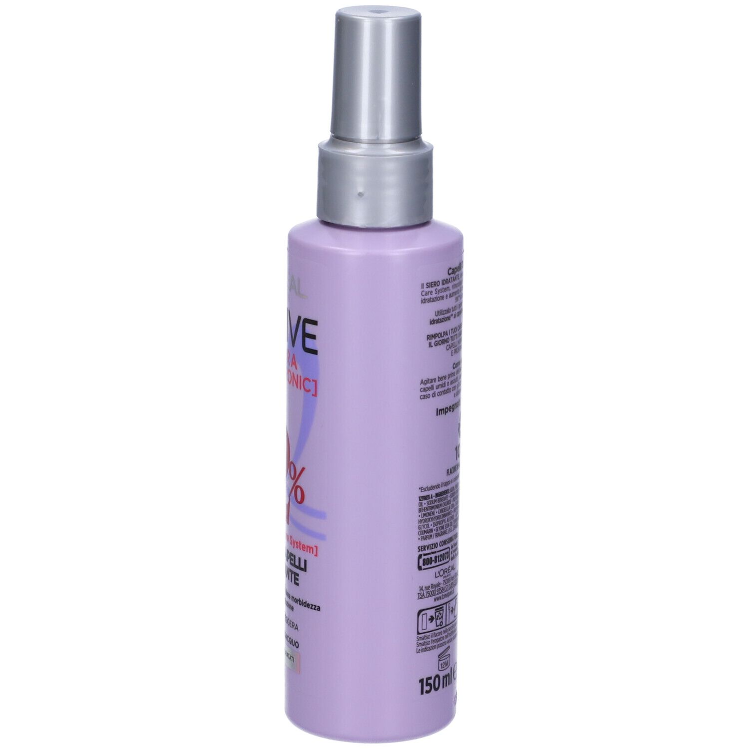 Flacone lilla con vaporizzatore. Testo e codice a barre sul lato. Prodotto: ELVIVE HYDRA [HYALURONIC].