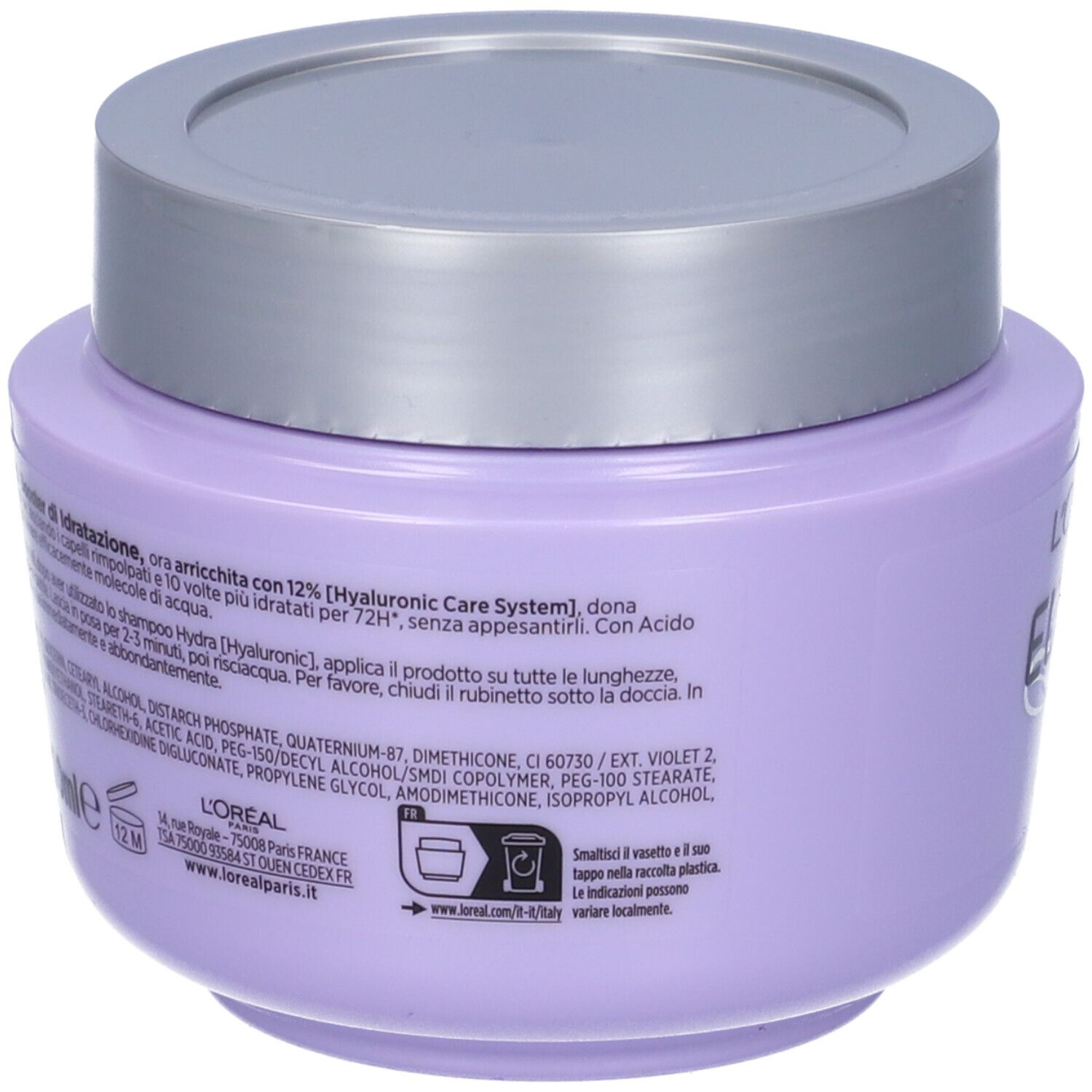 Retro del vaso lilla con coperchio argentato. Testo in italiano. Ingredienti e informazioni del produttore.