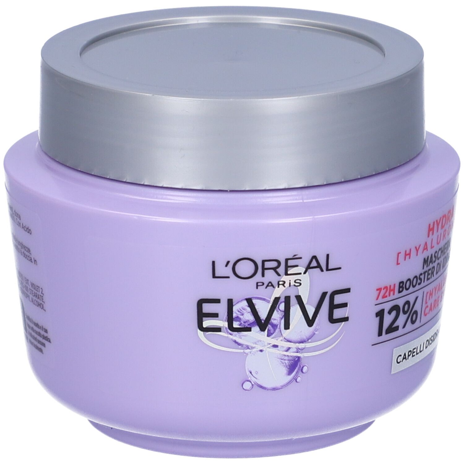 Vaso lilla con coperchio argentato. Scritta: L'Oréal Elvive, Hydra Hyaluronic, 12%. Per capelli disidratati.