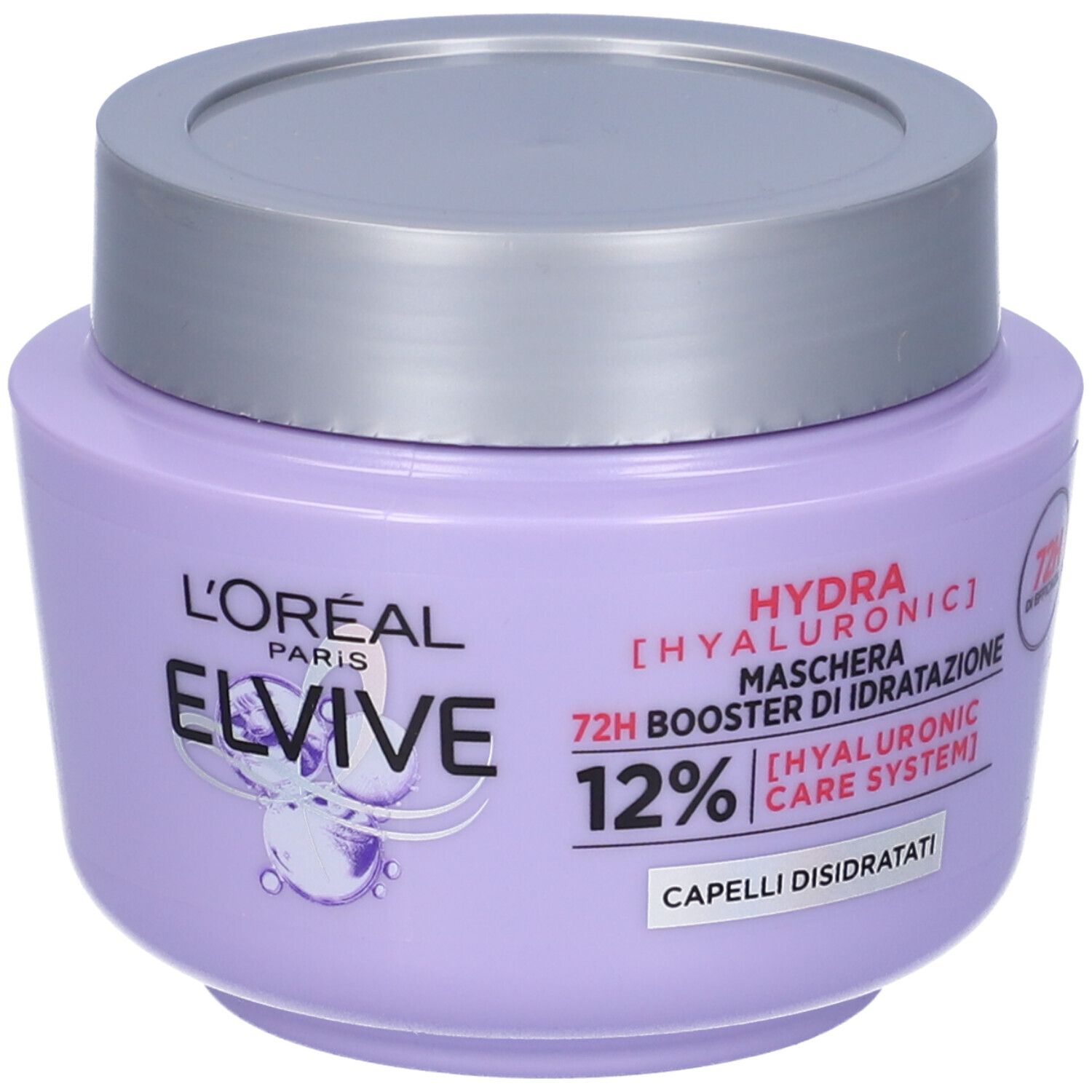 Vaso lilla con coperchio argentato. Scritta: L'Oréal Elvive, Hydra Hyaluronic, 12%. Per capelli disidratati.