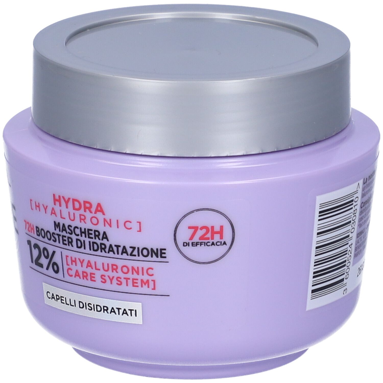 Vaso lilla con coperchio argentato. Scritta: L'Oréal Elvive, Hydra Hyaluronic, 12%. Efficacia 72H. Per capelli disidratati.
