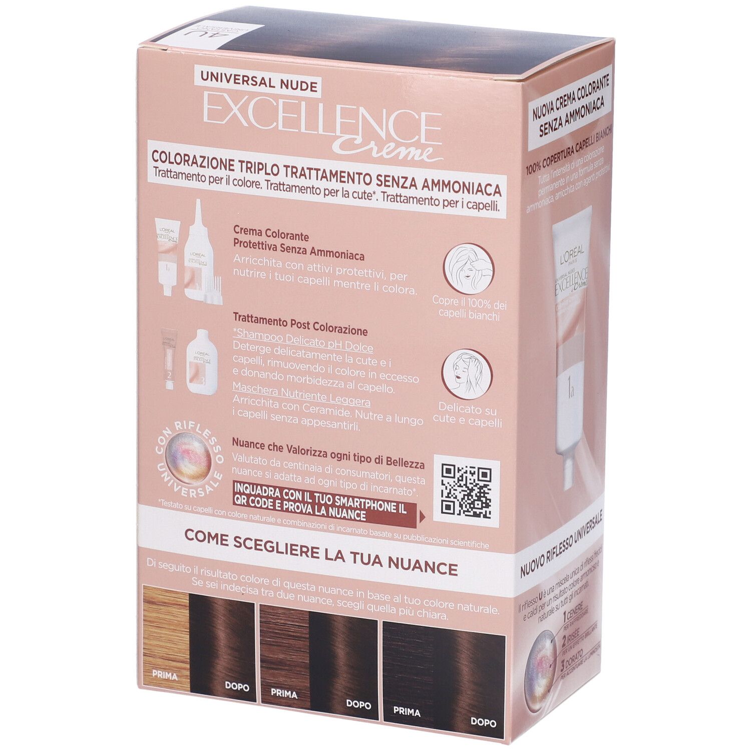 Confezione di colorazione per capelli L'Oréal Paris Excellence Creme. Immagini del prodotto e testo in italiano. Codice QR.