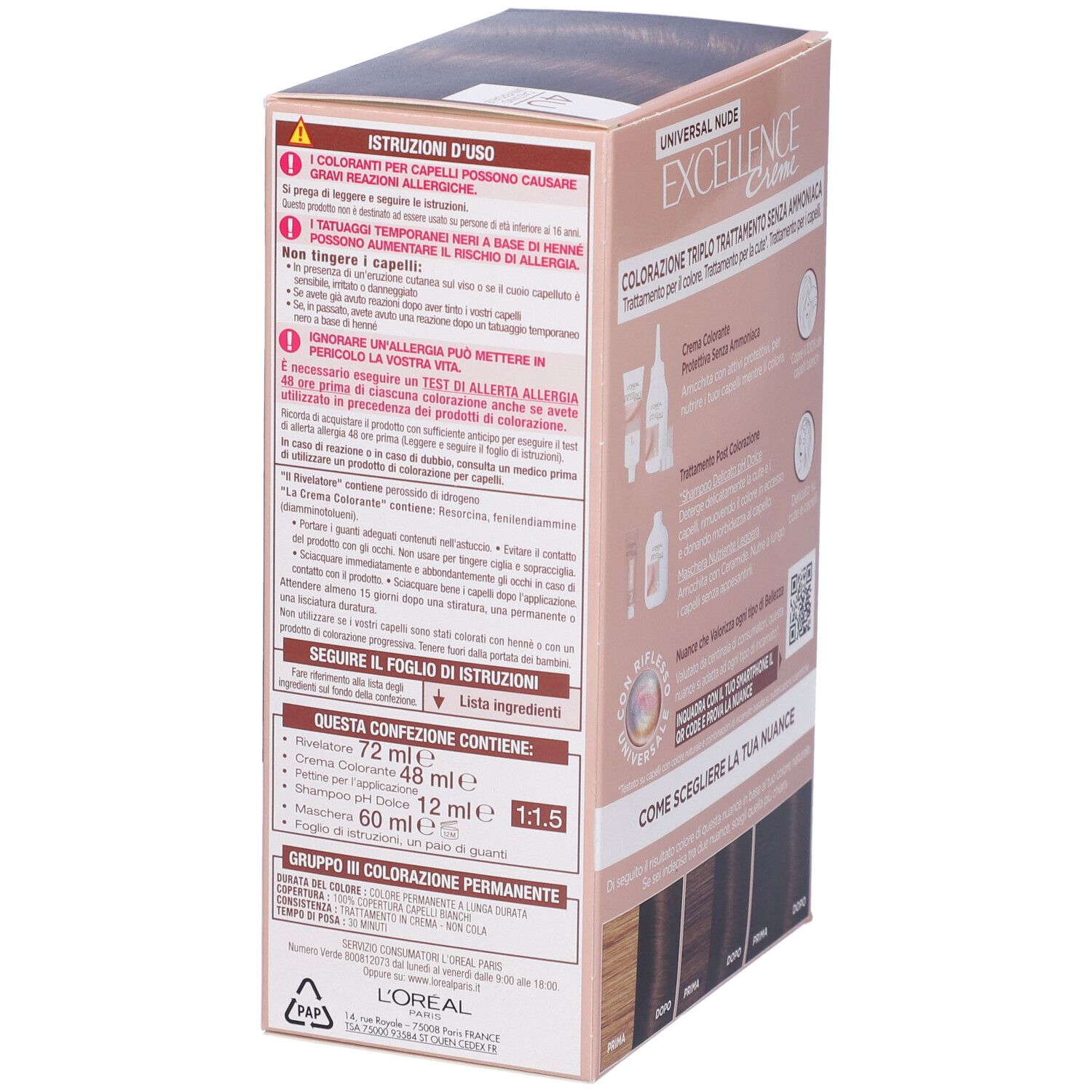 Lato della confezione di colorazione per capelli L'Oréal Paris Excellence Creme. Testo in italiano. Ingredienti e istruzioni per l'uso.