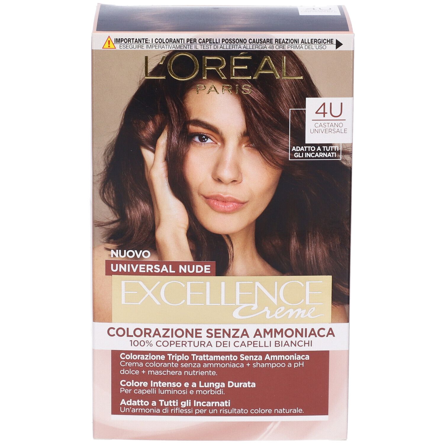 Confezione di colorazione per capelli L'Oréal Paris Excellence Creme, Universal Nude, Castano 4U. Donna con capelli castani. Testo in italiano.