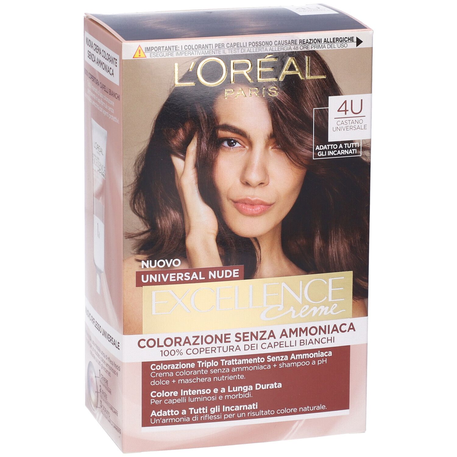 Confezione di colorazione per capelli L'Oréal Paris Excellence Creme, Universal Nude, Castano 4U. Donna con capelli castani. Testo in italiano.