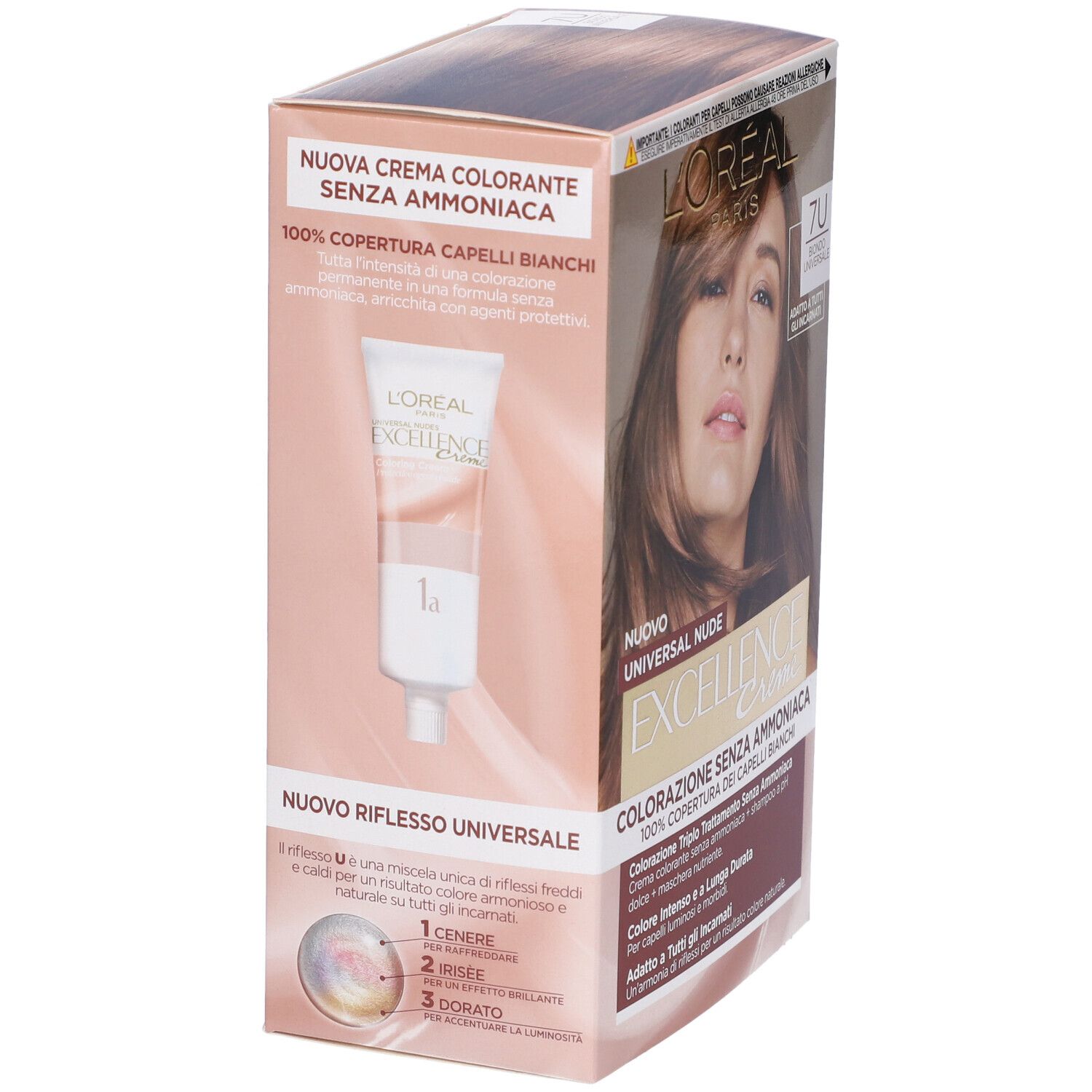 Confezione di tinta per capelli L'Oréal Paris Excellence Creme, Universal Nude, Biondo 7U. Immagine del prodotto. Testo in italiano.
