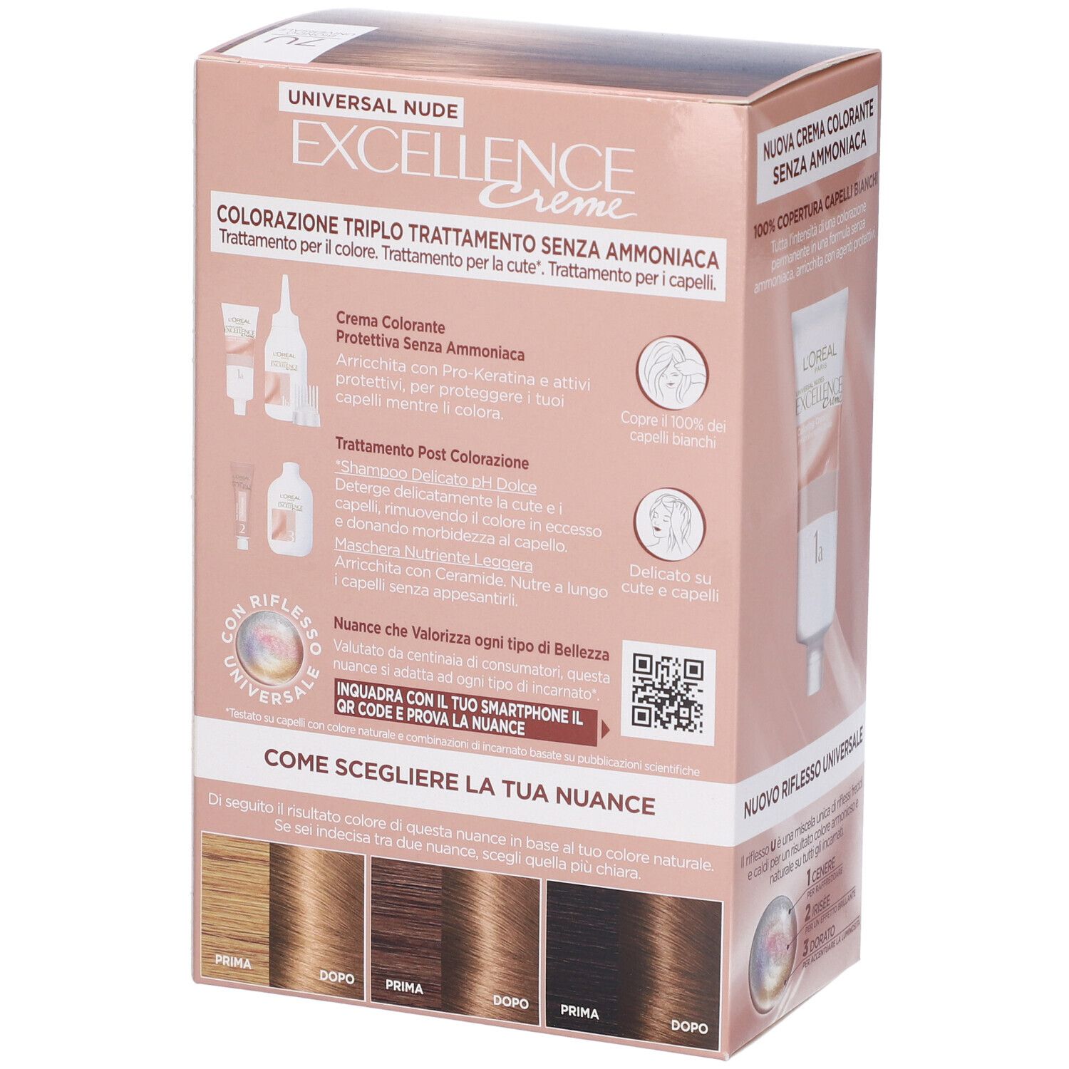 Confezione di tinta per capelli L'Oréal Paris Excellence Creme, Universal Nude. Retro con informazioni e campioni colore.