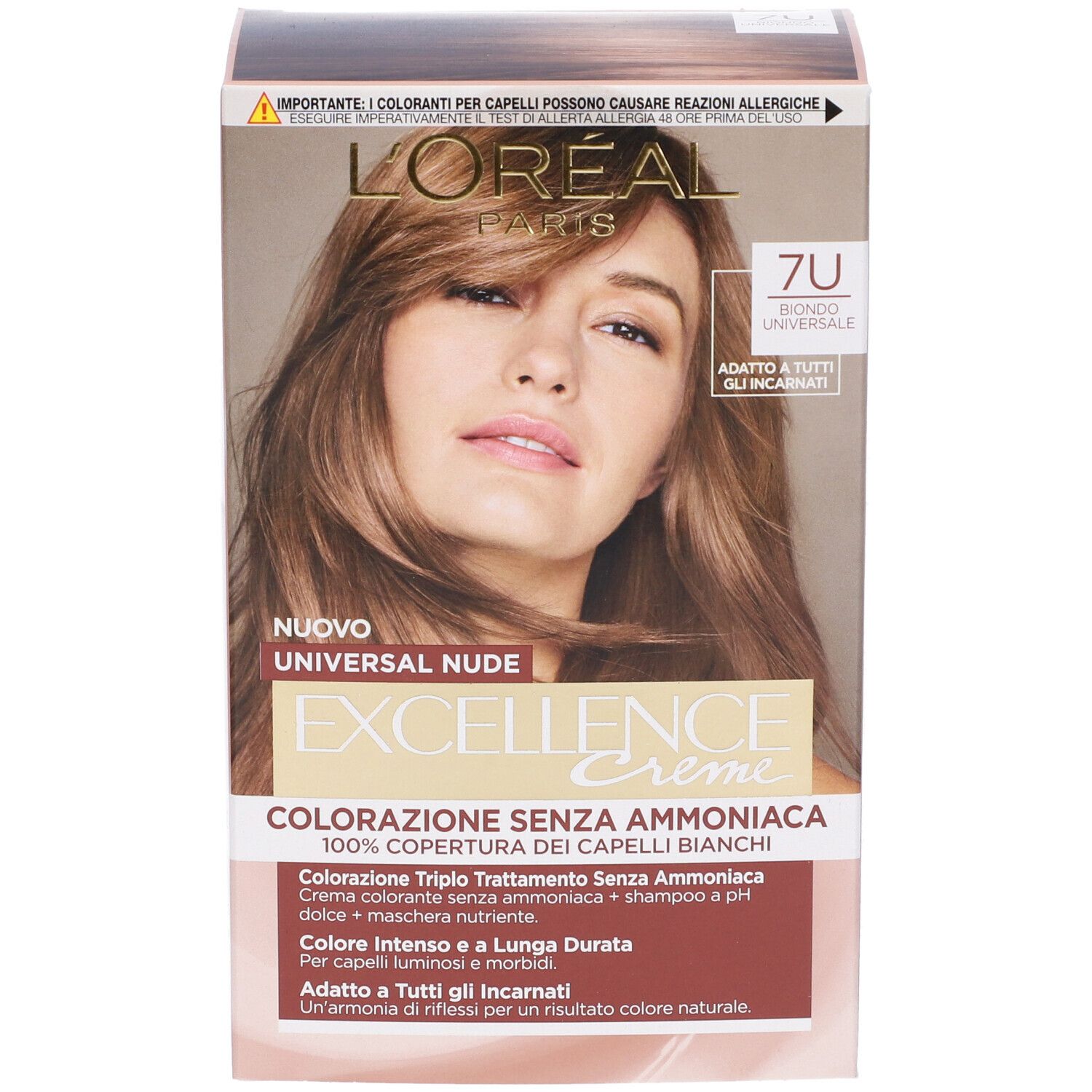 Confezione di tinta per capelli L'Oréal Paris Excellence Creme, Universal Nude, Biondo 7U. Volto di donna. Testo in italiano.