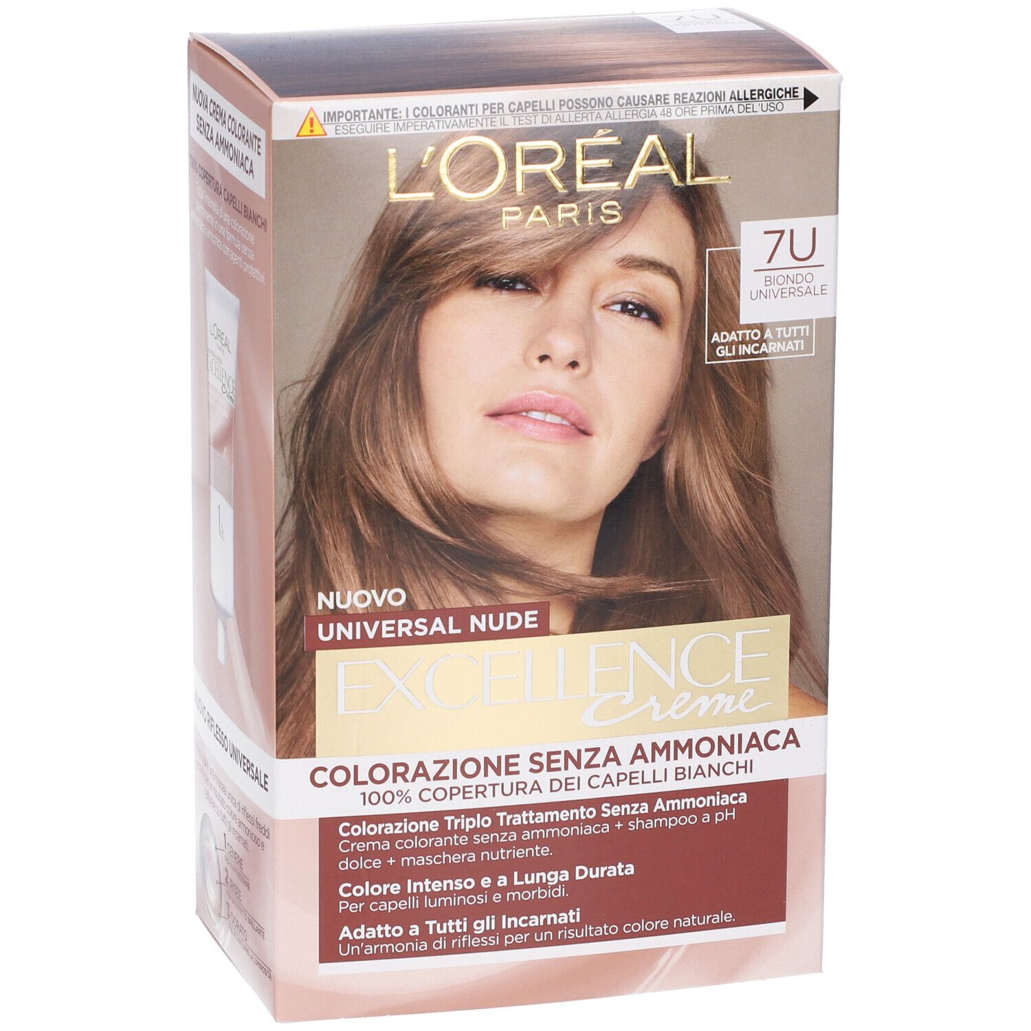 Confezione di tinta per capelli L'Oréal Paris Excellence Creme, Universal Nude, Biondo 7U. Volto di donna. Testo in italiano.