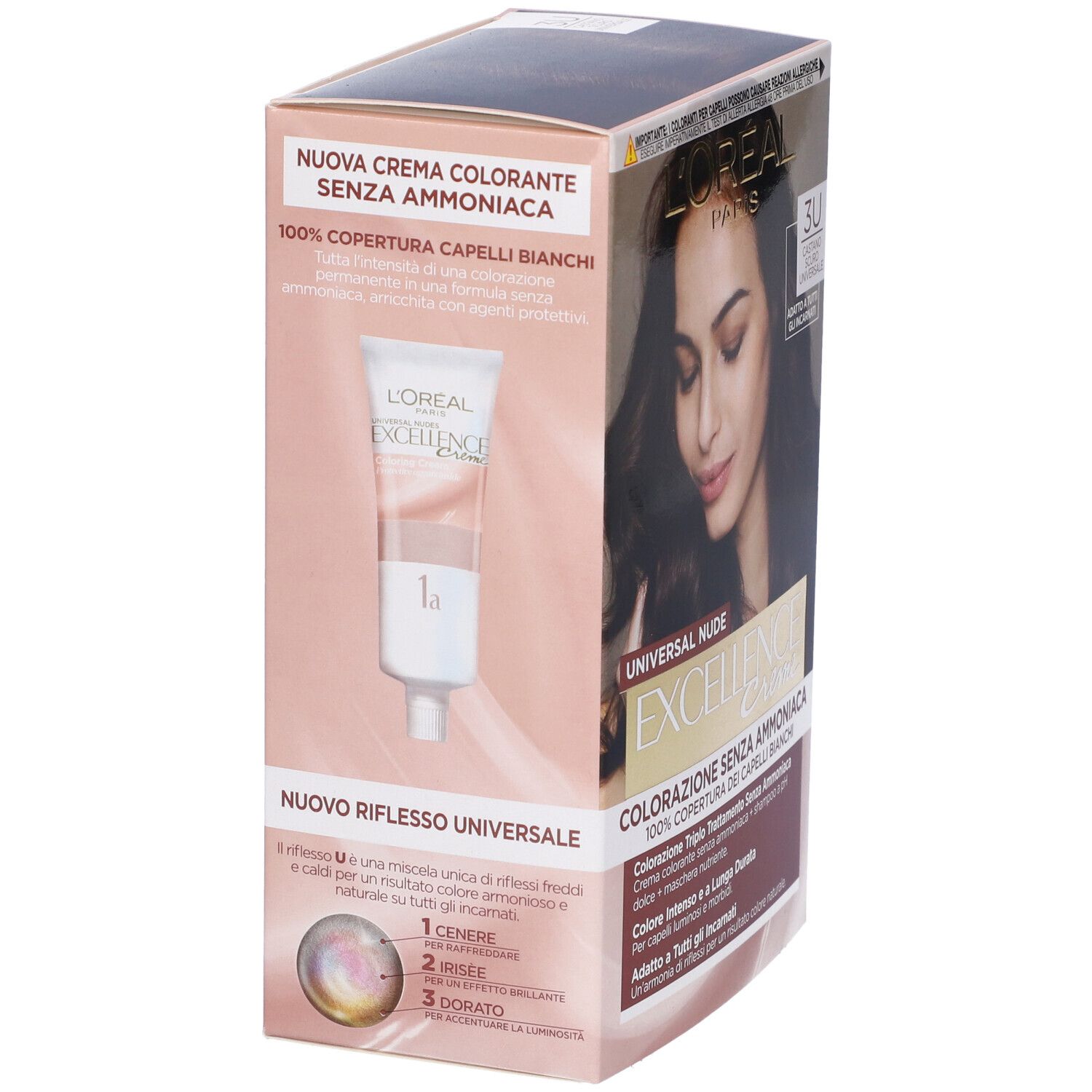 Confezione di tinta per capelli. L'Oréal Paris Excellence Creme, Universal Nude. Tubo di tinta per capelli illustrato.