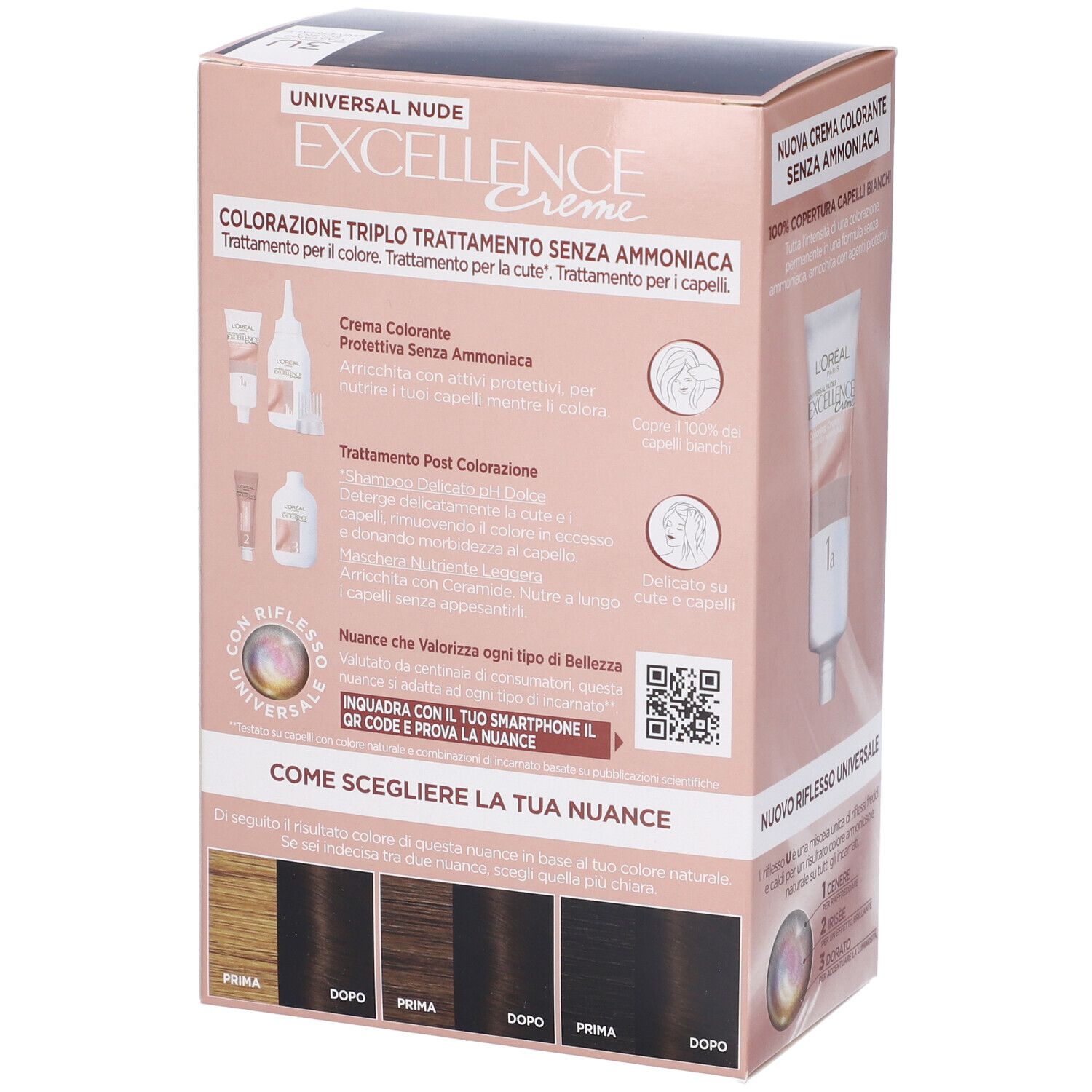 Retro della confezione di tinta per capelli. L'Oréal Paris Excellence Creme, Universal Nude. Tonalità e esempi di applicazione.